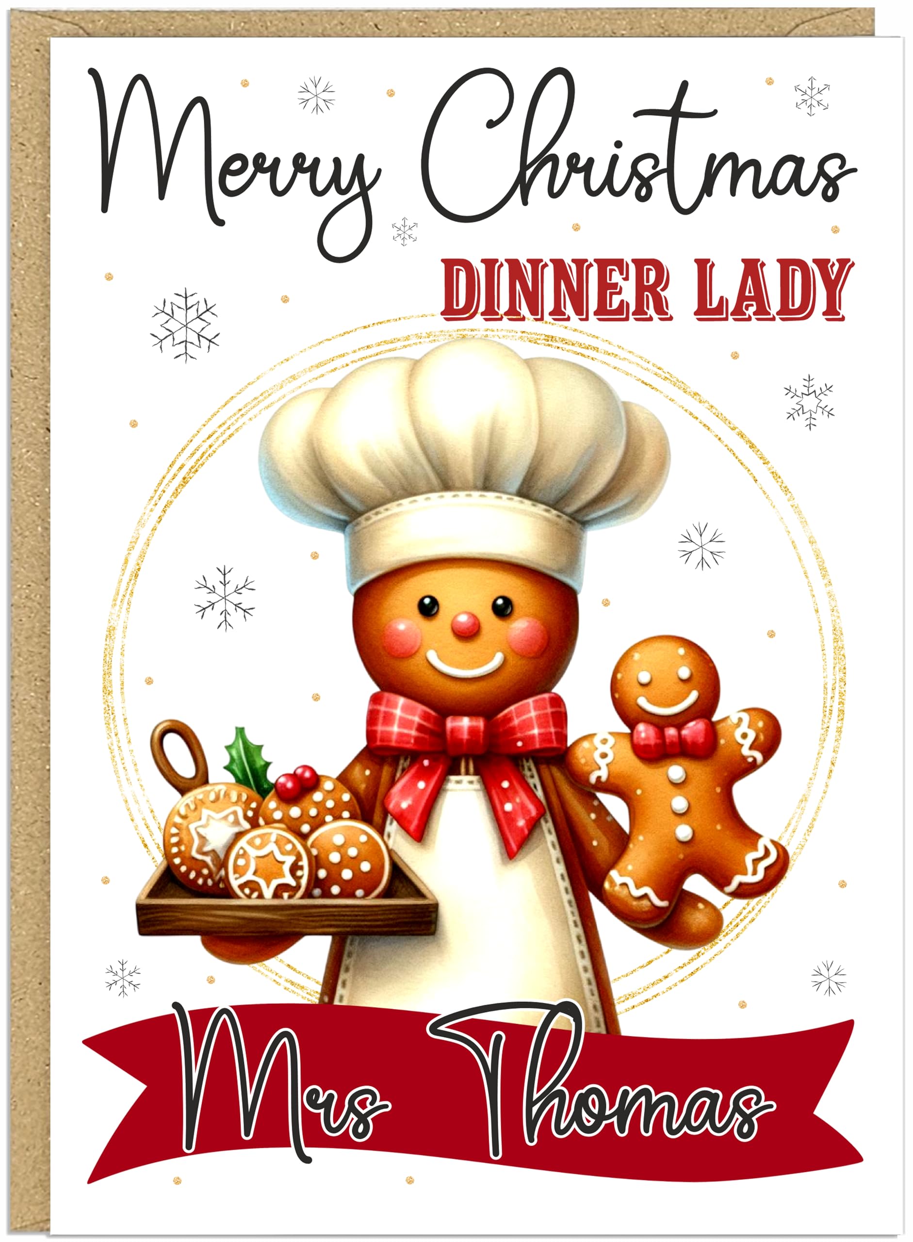 Personalised Gingerbread Christmas Cards for Teachers from Parents Students Colleagues - Own Name School Professions A5 Thank You Cards (Art Maths PE Science Music & More) (Dinner Lady)