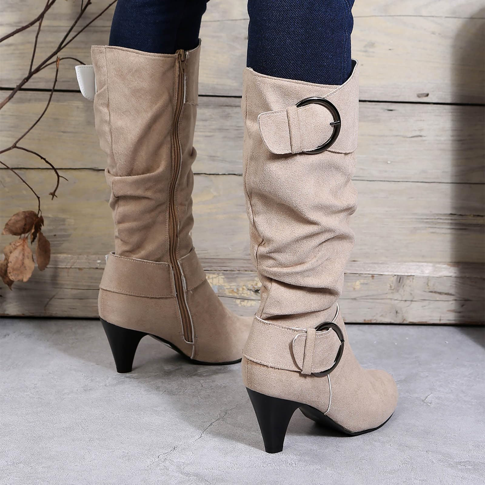 Generisch Botas de equitación de invierno para mujer e invierno Moda de gamuza Tacón fino Color sólido Botas de media pantorrilla Temperamento Botas cómodas