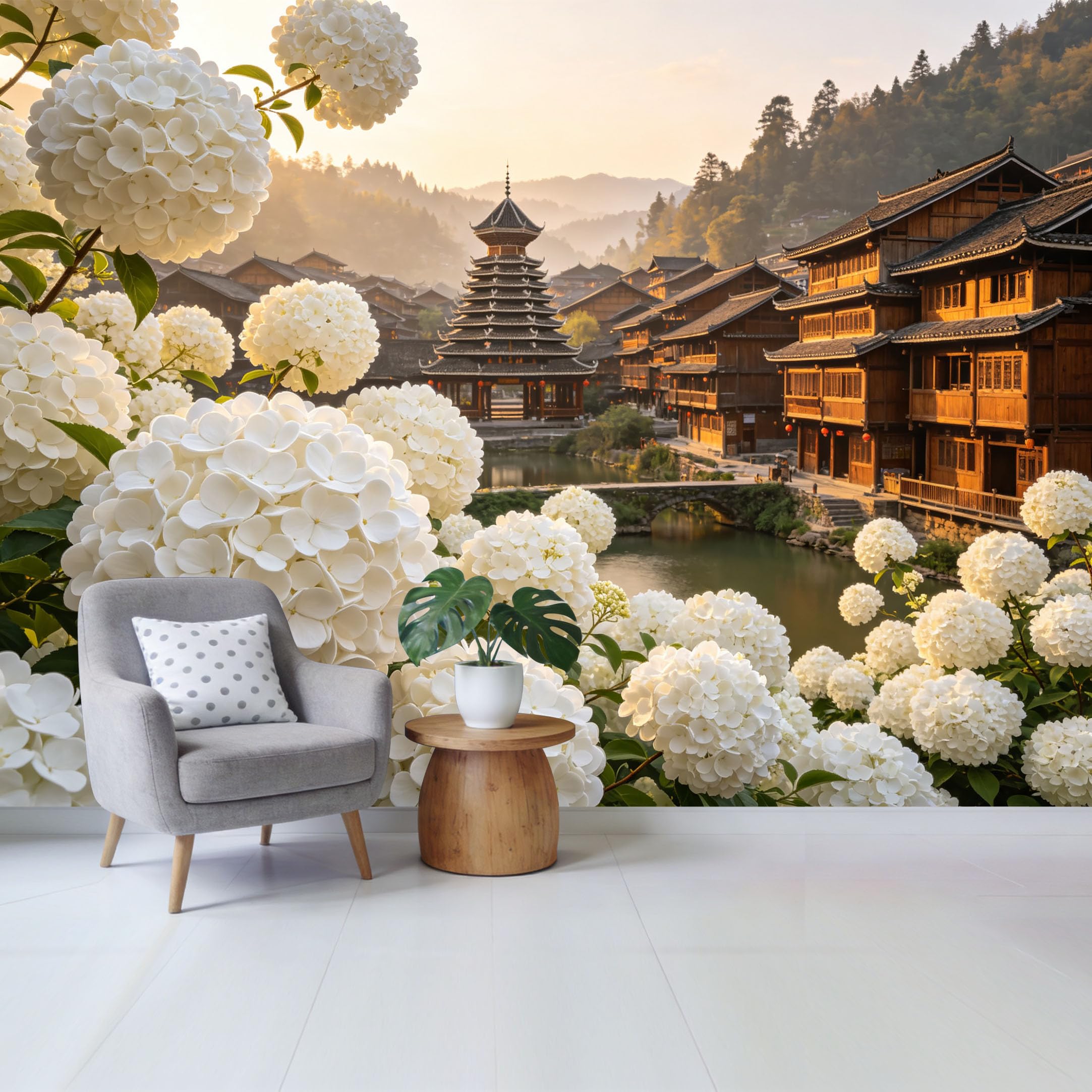 Qzlithotic Yq2605250433 Custom Size Wall Mural Oriental Mountain Village Hydrangea Flower Landscape Traditional Wood Architecture Selfadhesive Wall Fabric Removable Wallpaper For Home Office Decor