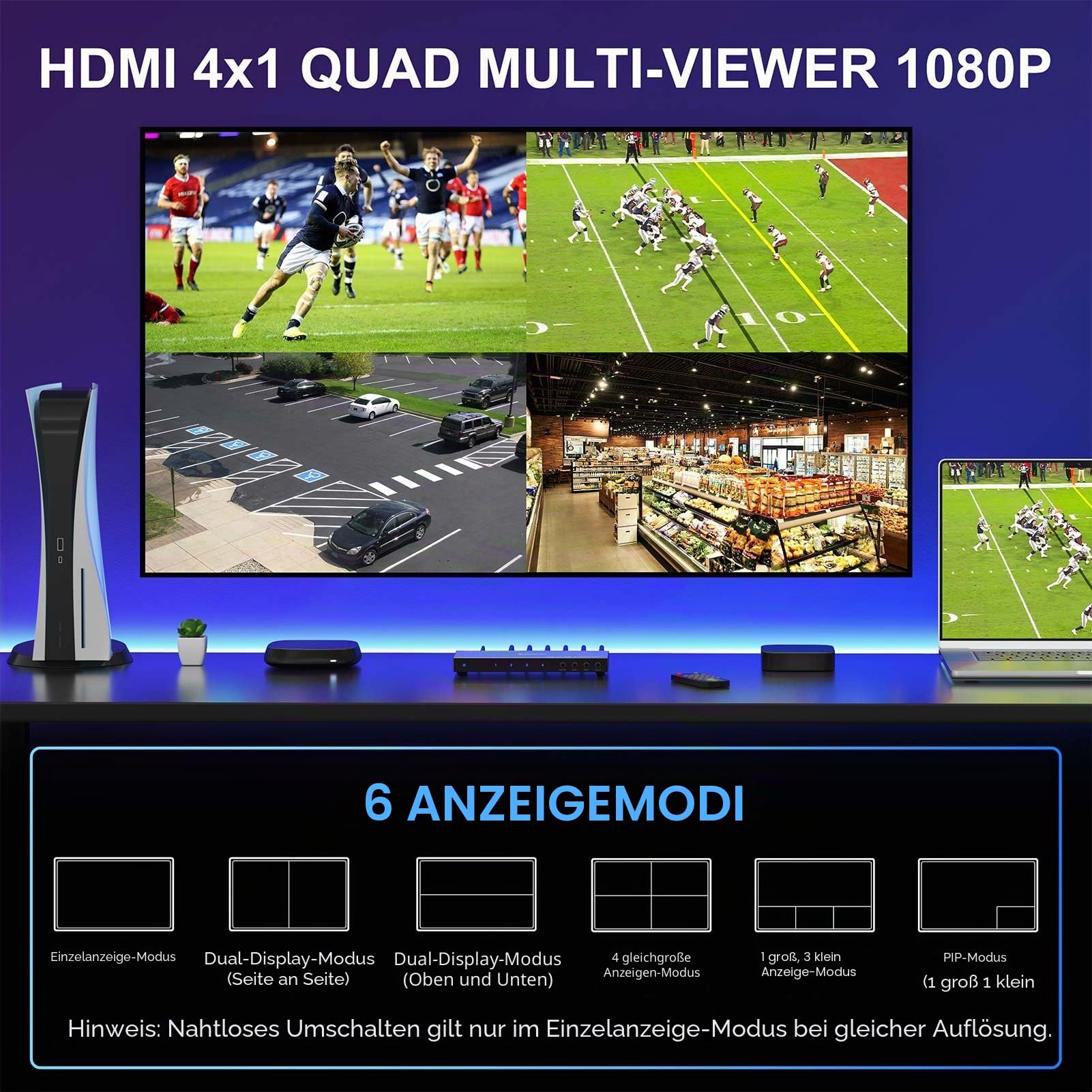 HDMI Multiviewer Switch 4x1 mit Pip, PORTTA Quad Multi Viewer Seamless Switcher 4 in 1 Out mit Toslink, 3,5 mm Audioausgang unterstützt 1080p 60 Hz, 6 Anzeigemodi, Downscaler, kompatibel mit PS4 Xbox