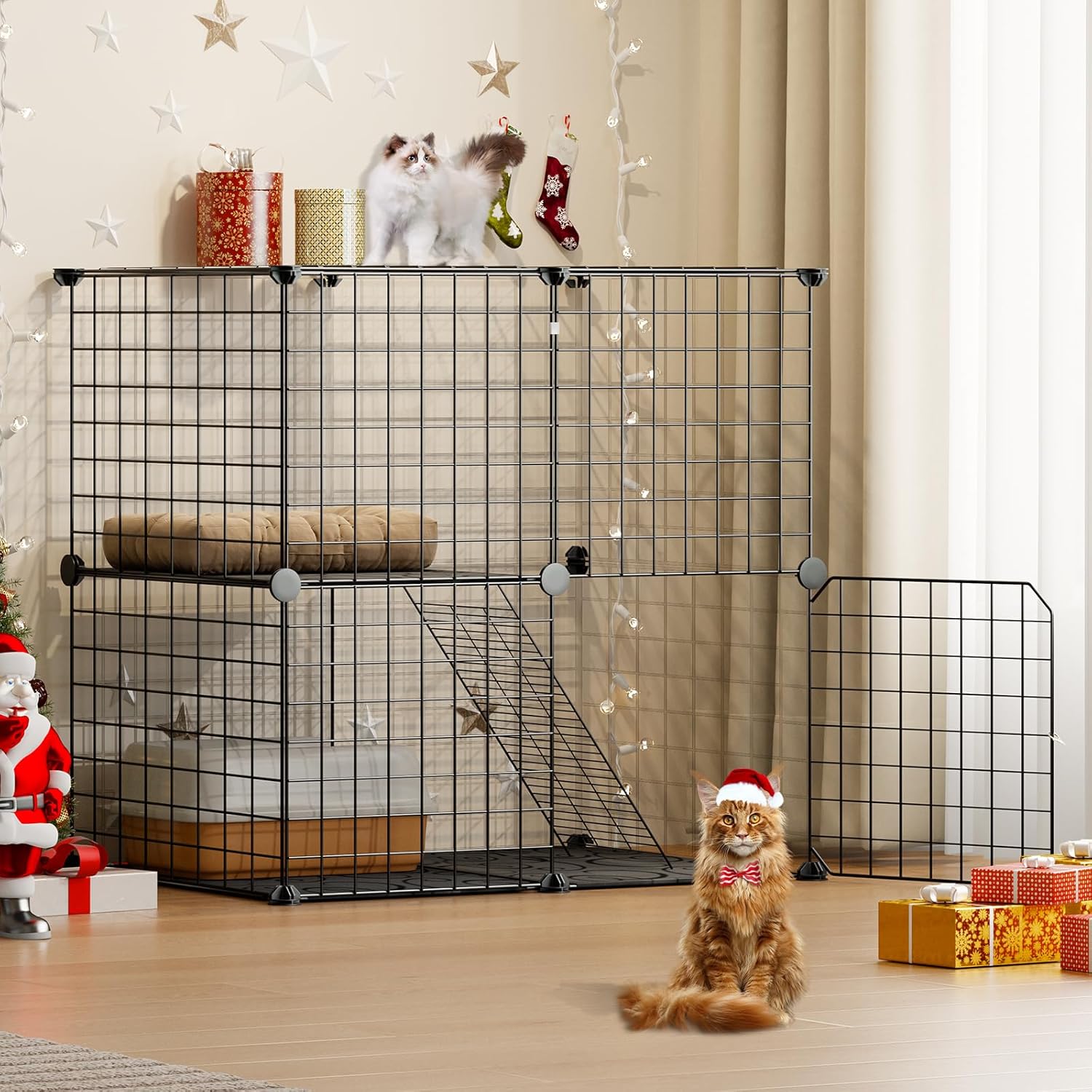 Cat Cages Indoor, 2 Tier Cat Enclosure with Climbing Ladder, DIY Cat Playpen Detachable Metal Wire Kennel for Ferret, Squirrel and Small Animals, Black