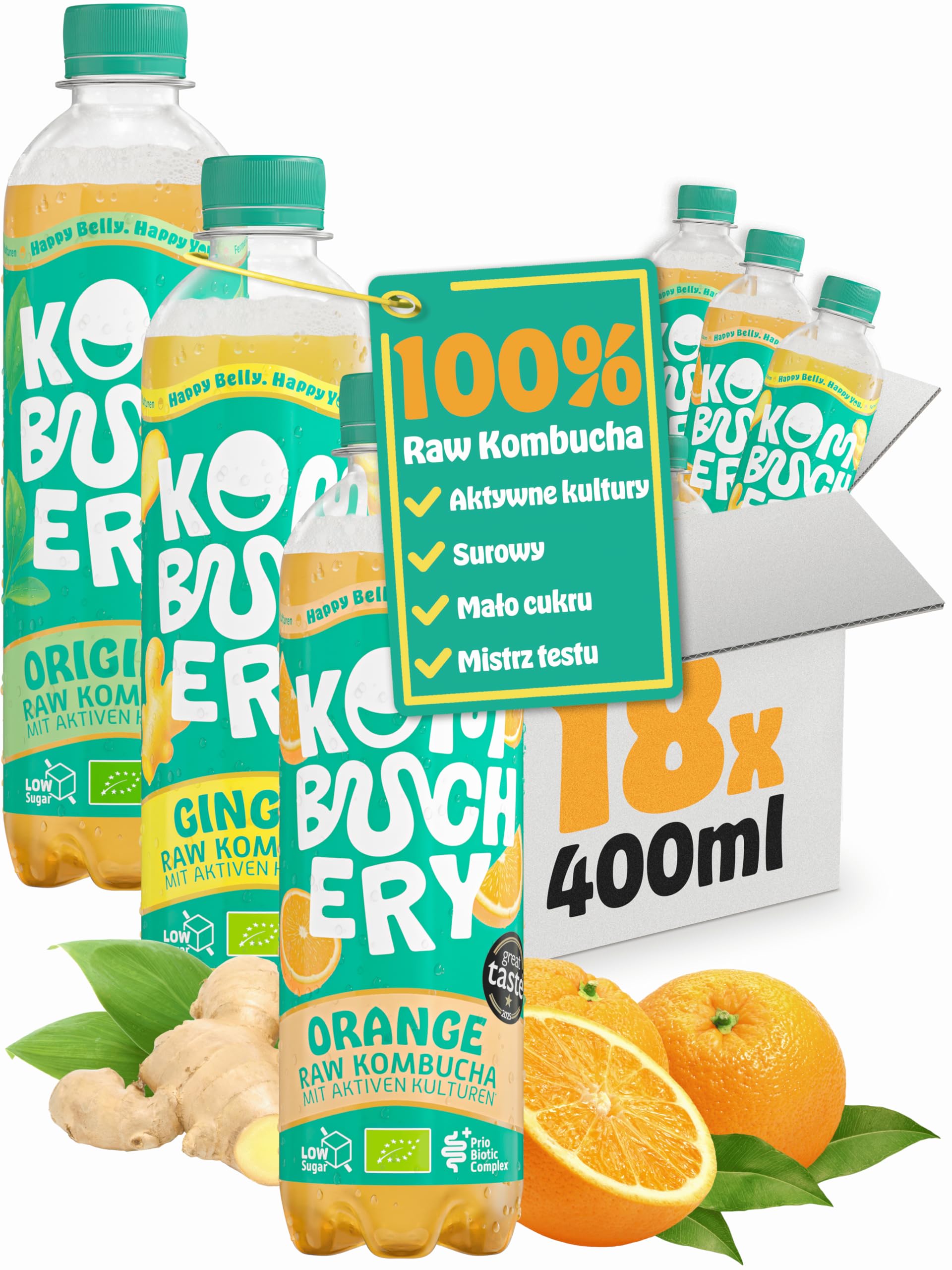 KOMBUCHERY® Mix Raw Kombucha Bio | 18 x 400 ml | Fermentowana herbata z żywymi kulturami jelitowymi | Niska zawartość cukru i niskokaloryczna | niepasteryzowana, probiotyczna, wegańska, zwycięzca