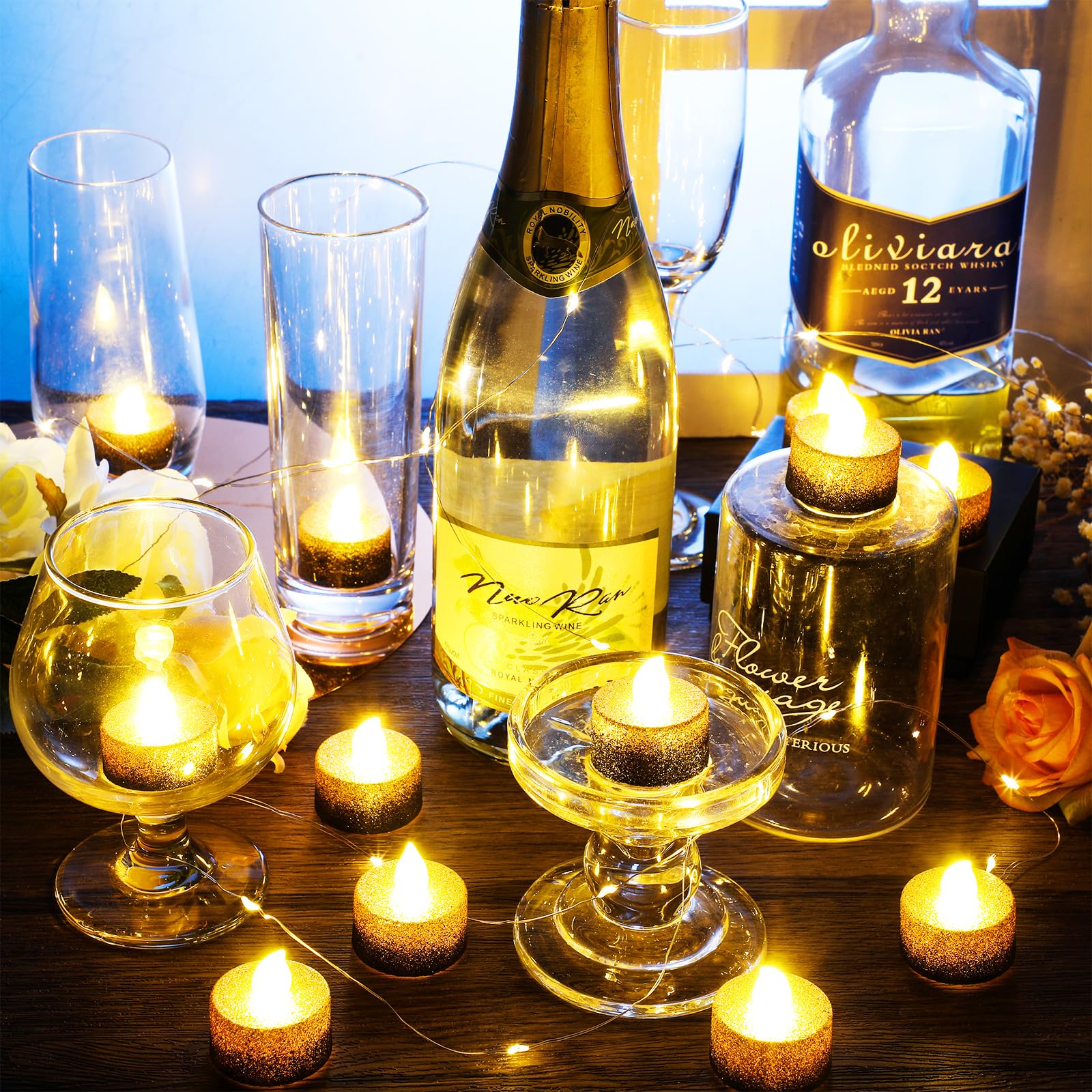 Retisee 48 lumini da tè a LED senza fiamma, con glitter dorati e neri, candele finte, per centrotavola, funzionamento a batteria, decorazioni romantiche per anniversari, decorazioni romantiche per