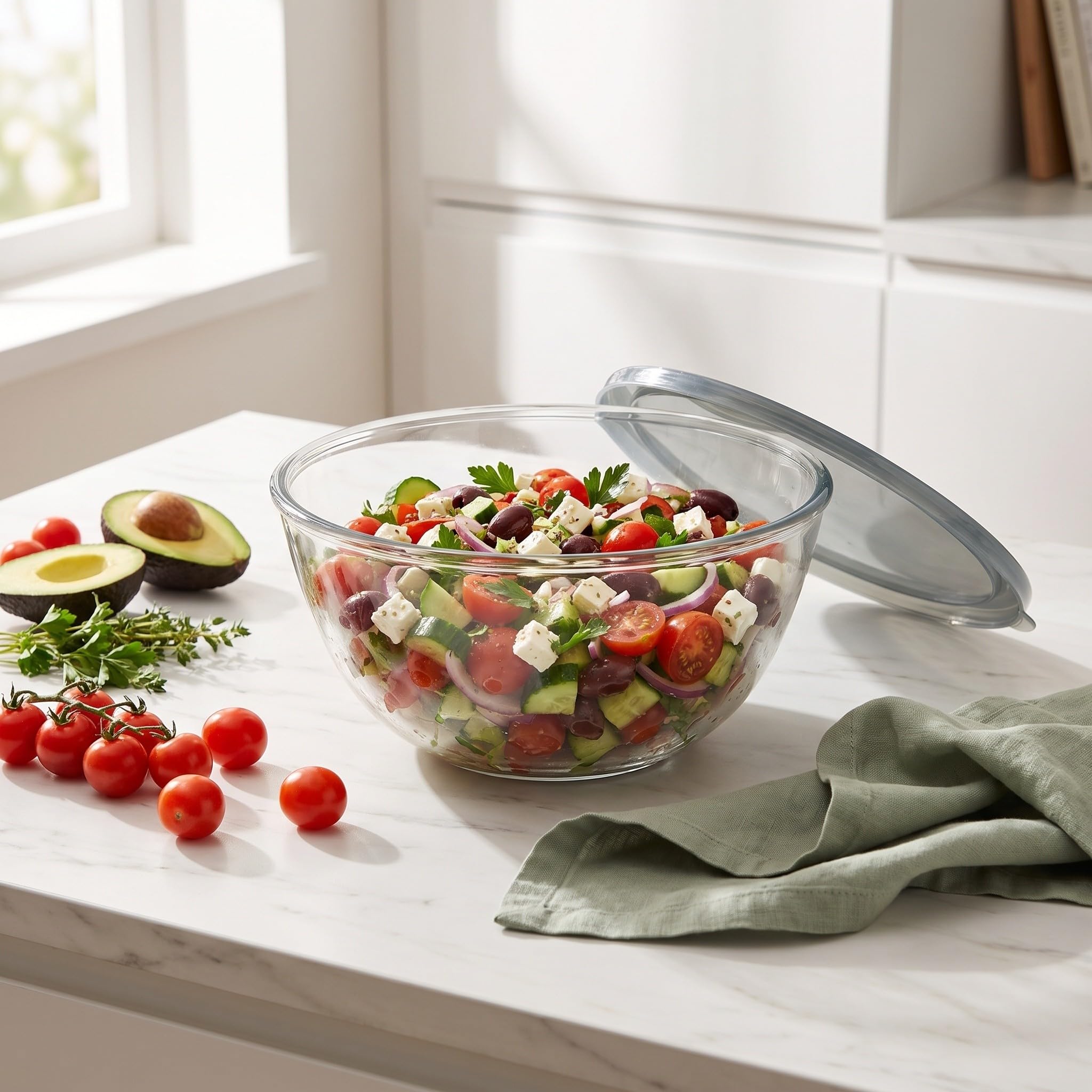 Operitacx Bol de vidrio para mezclar masa madre con tapa - Bol grande para ensalada de 4,5 L / 4,76 cuartos para mezclar y servir - Diseño transparente de amplia abertura para usar en la encimera de