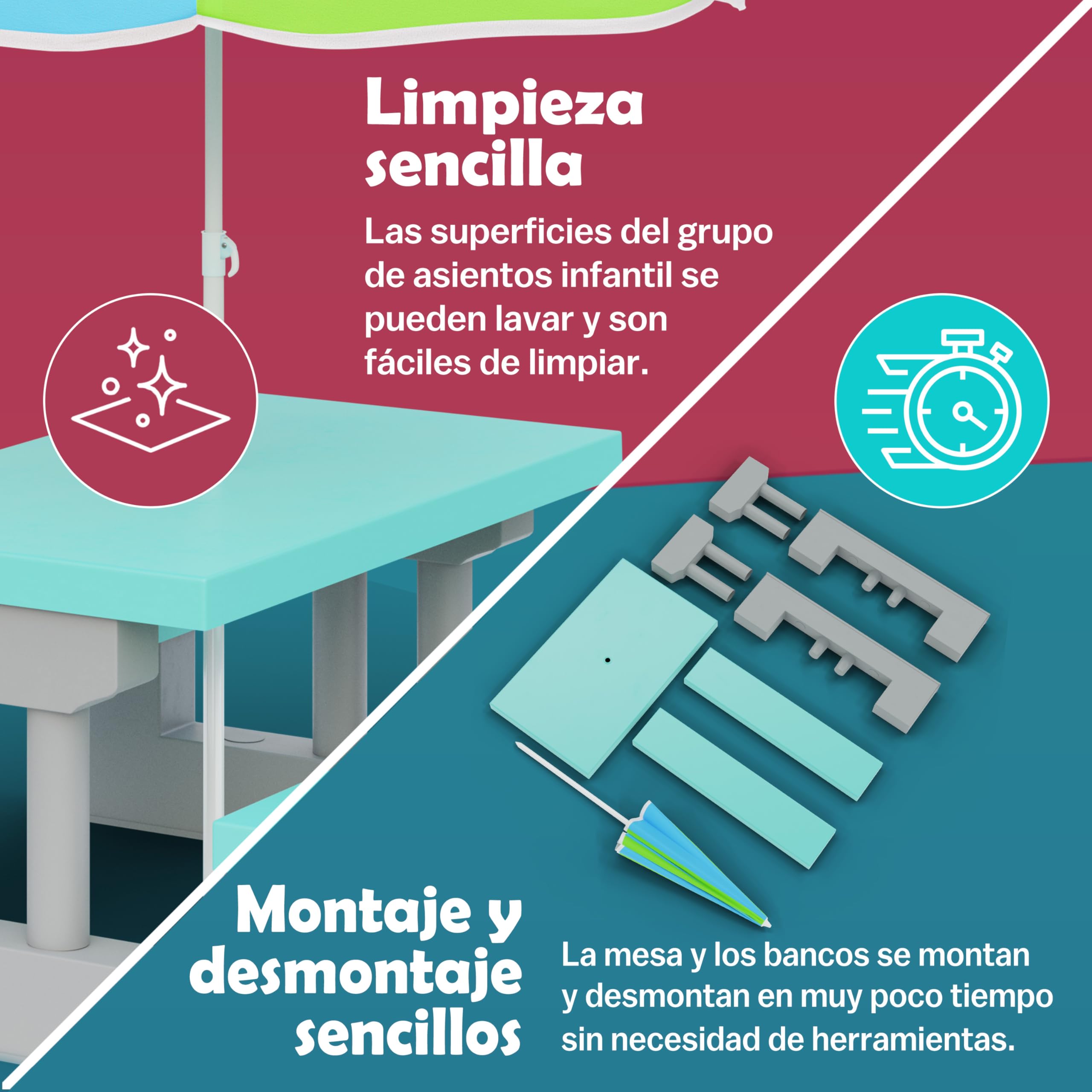 Spielwerk® Juego Mesa y Bancos Infantil Sombrilla Protección UV 4 Niños Intemperie Set Picnic Jardín