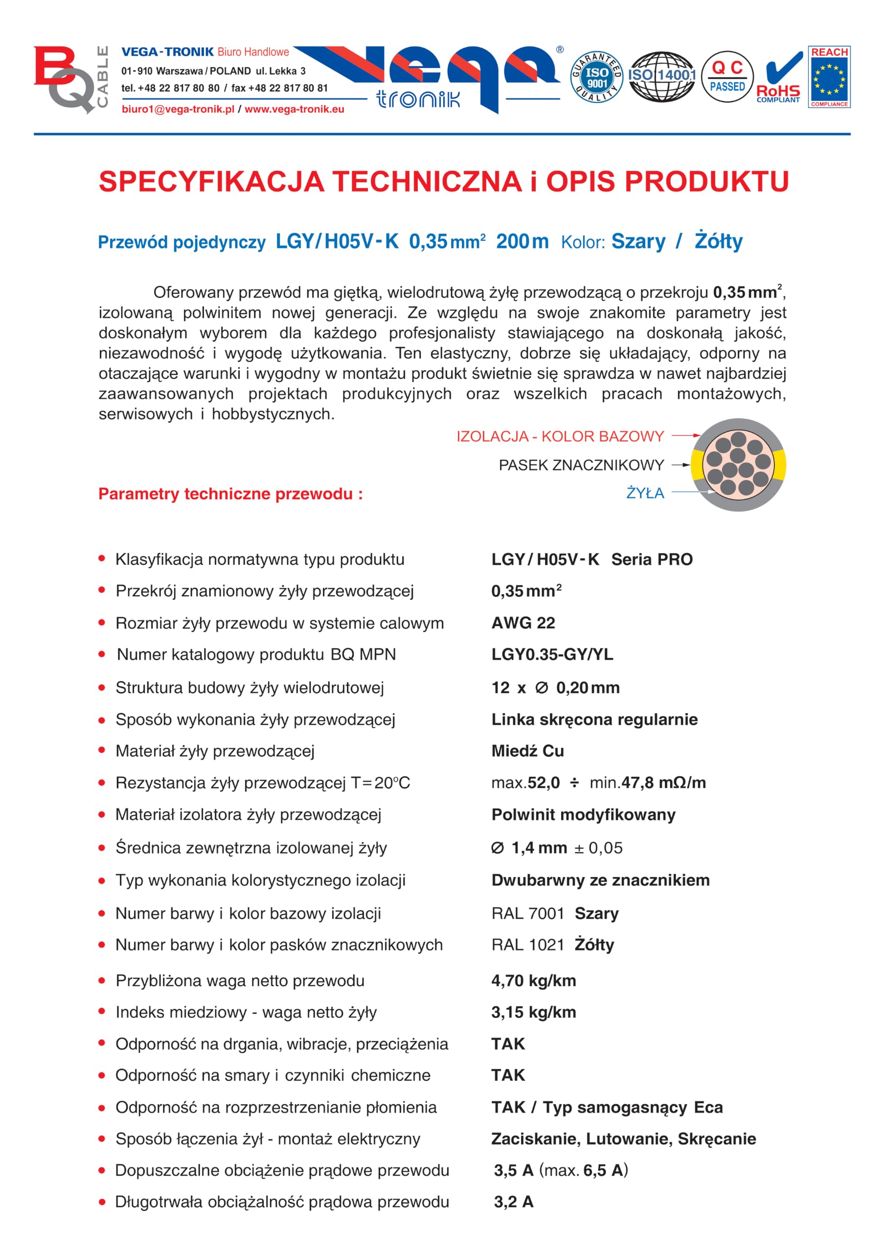 Przewód pojedynczy LGY/ H05V- K 0,35 mm2 200 m Kolor: szary/żółty