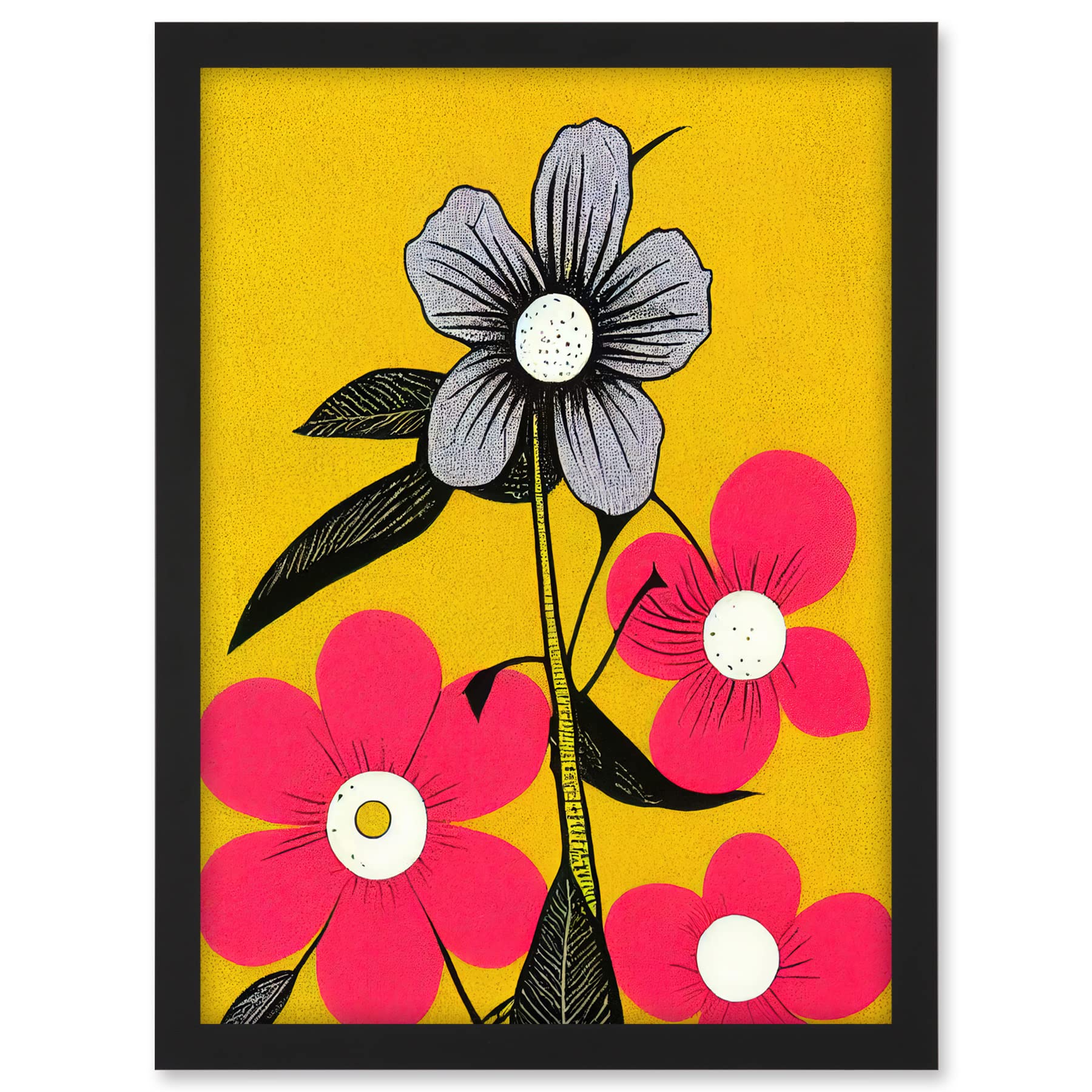Wee Blue Coo Bold Flowers Linocut Pink and Mustard Yellow Print Artwork Framed A3 Wall Art Print