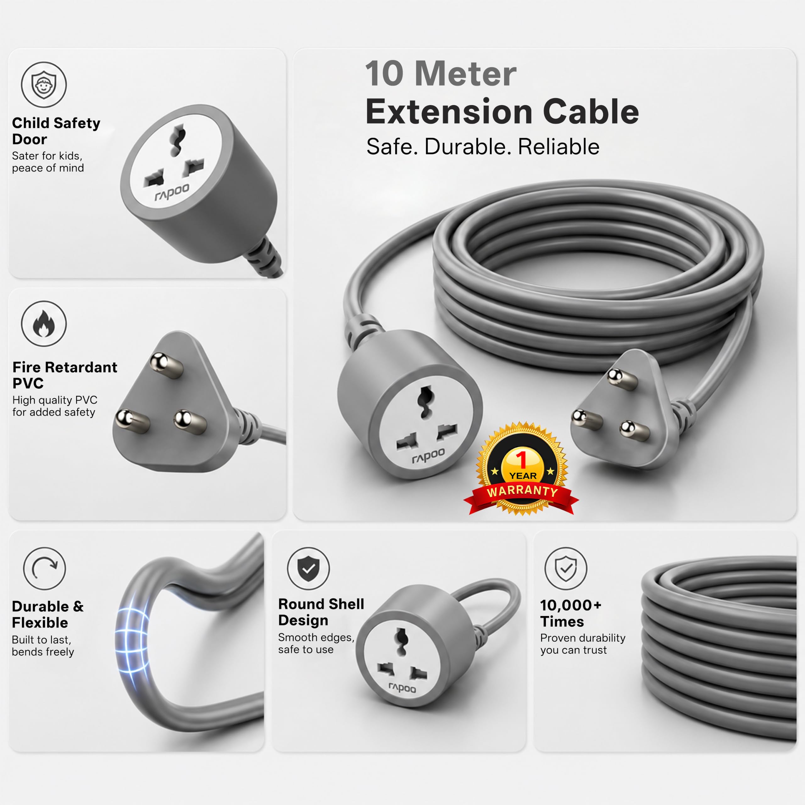 Rapoo E10,10m Long 18AWG Heavy Duty Male to Female 3 Pin Power Extension Cord for Heavy appliances, 10amp Indoor Outdoor Wire Extender Power Cable for appliances, Electronics & Power Tools, Dark Grey — Amazon image 8