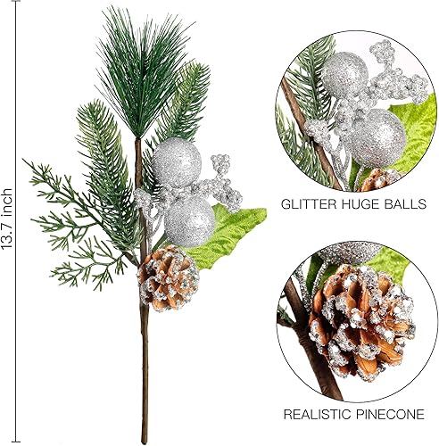 Miniatura 6 de Sggvecsy Paquete de 6 púas artificiales de Navidad, bayas sintéticas, tallos de pino, ramas de pino de bayas rojas con conos de pino, bolas