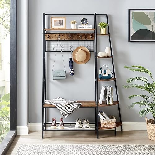 GOOD & GRACIOUS Perchero de pasillo 5 en 1 con banco y soporte de madera de almacenamiento con 5 estantes laterales, color gris