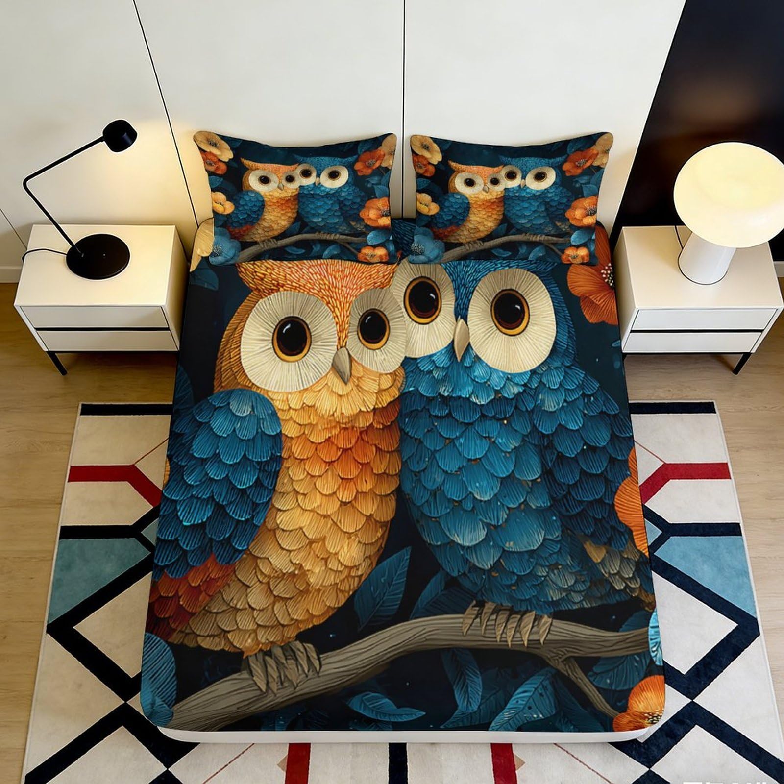 3D Printed Owl Lovers Fitted Sheet Microfiber Soft Blue Orange Cartoon Birds Bed Cover Bedroom Decor 90x200x25cm