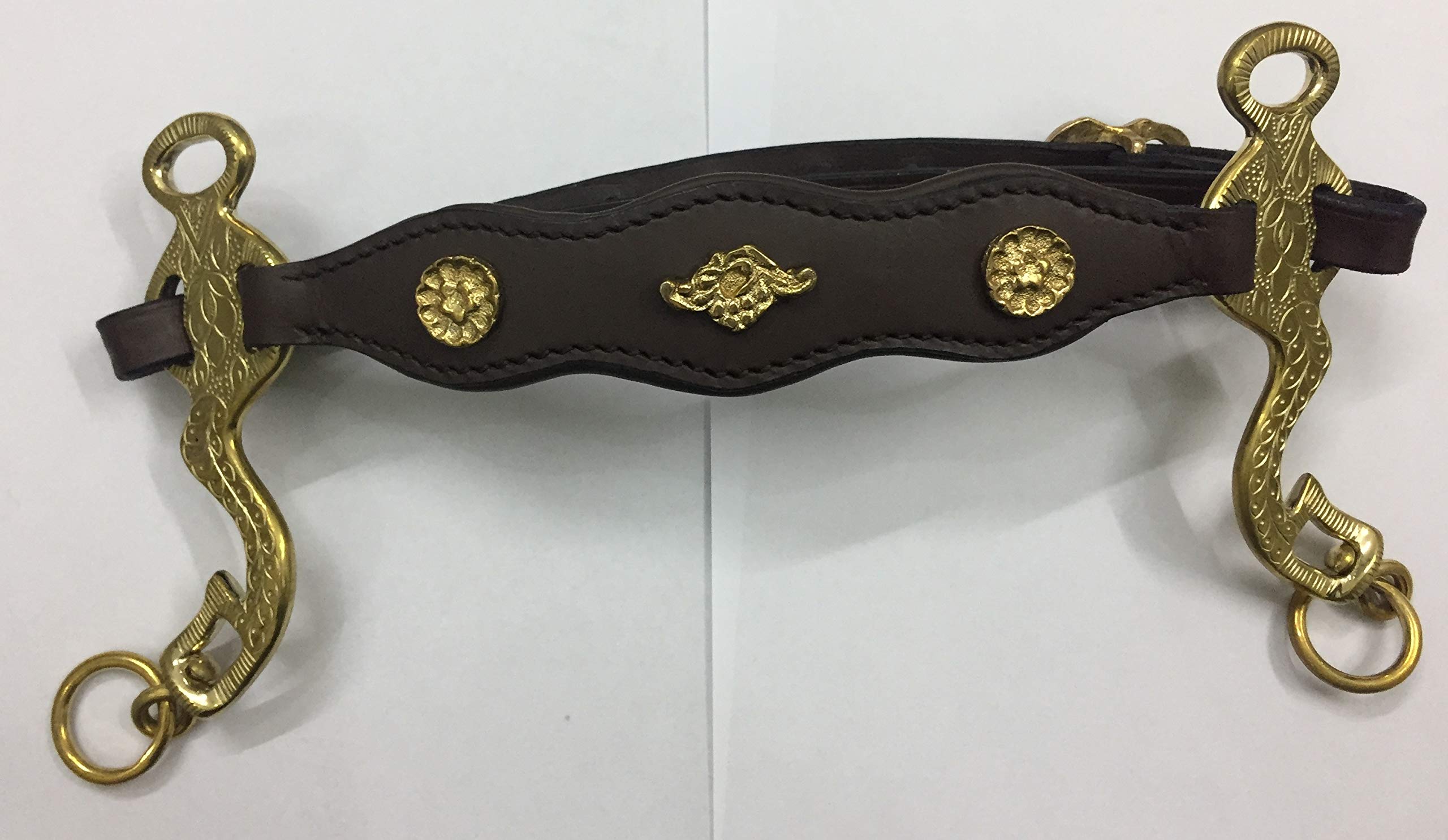 Hackamore ottone inciso vera pelle marrone e acciaio inossidabile dorato
