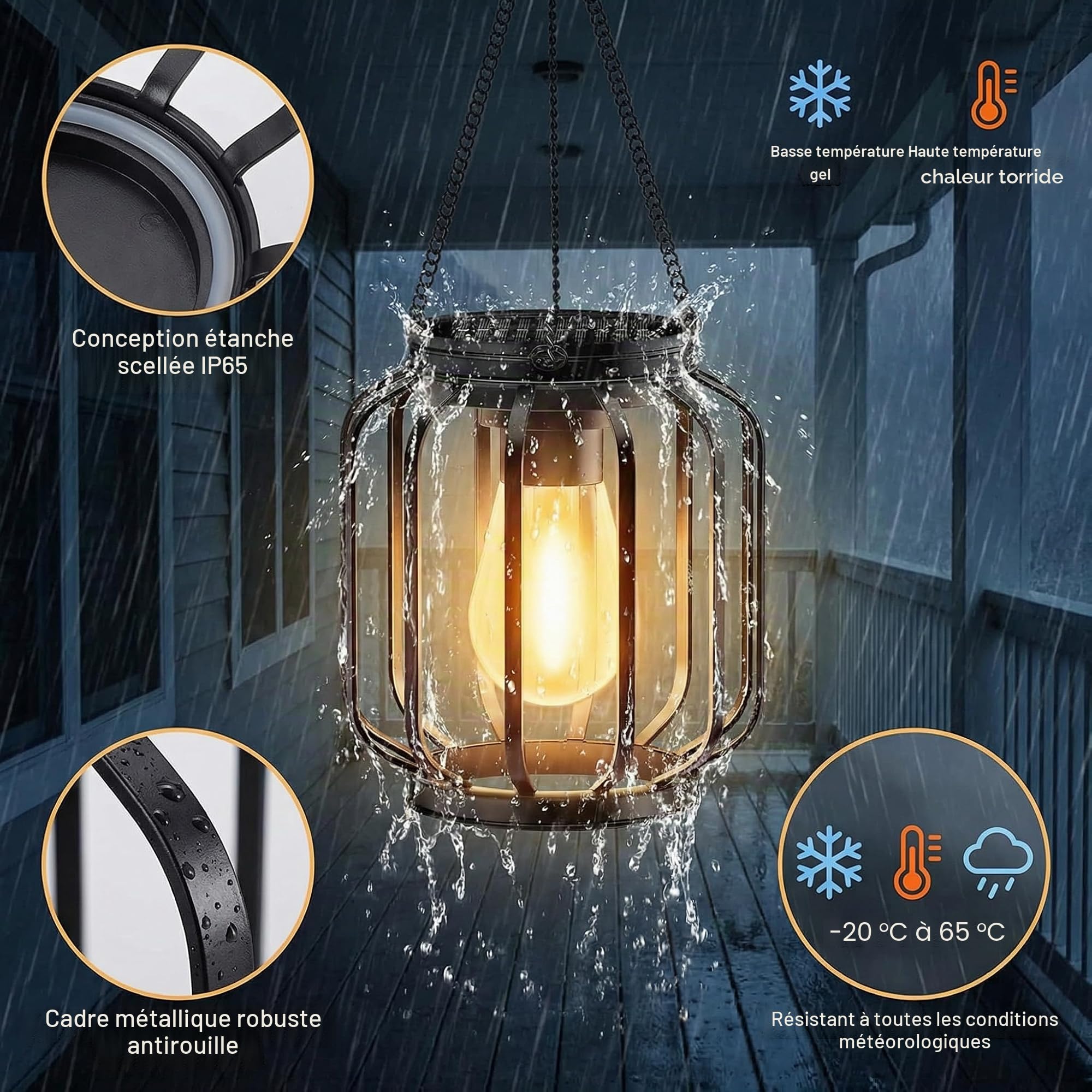 Lanterne Solaire Exterieur Jardin 2 Pièces Suspension Métal IP65 Étanche avec Crochets Chaînes