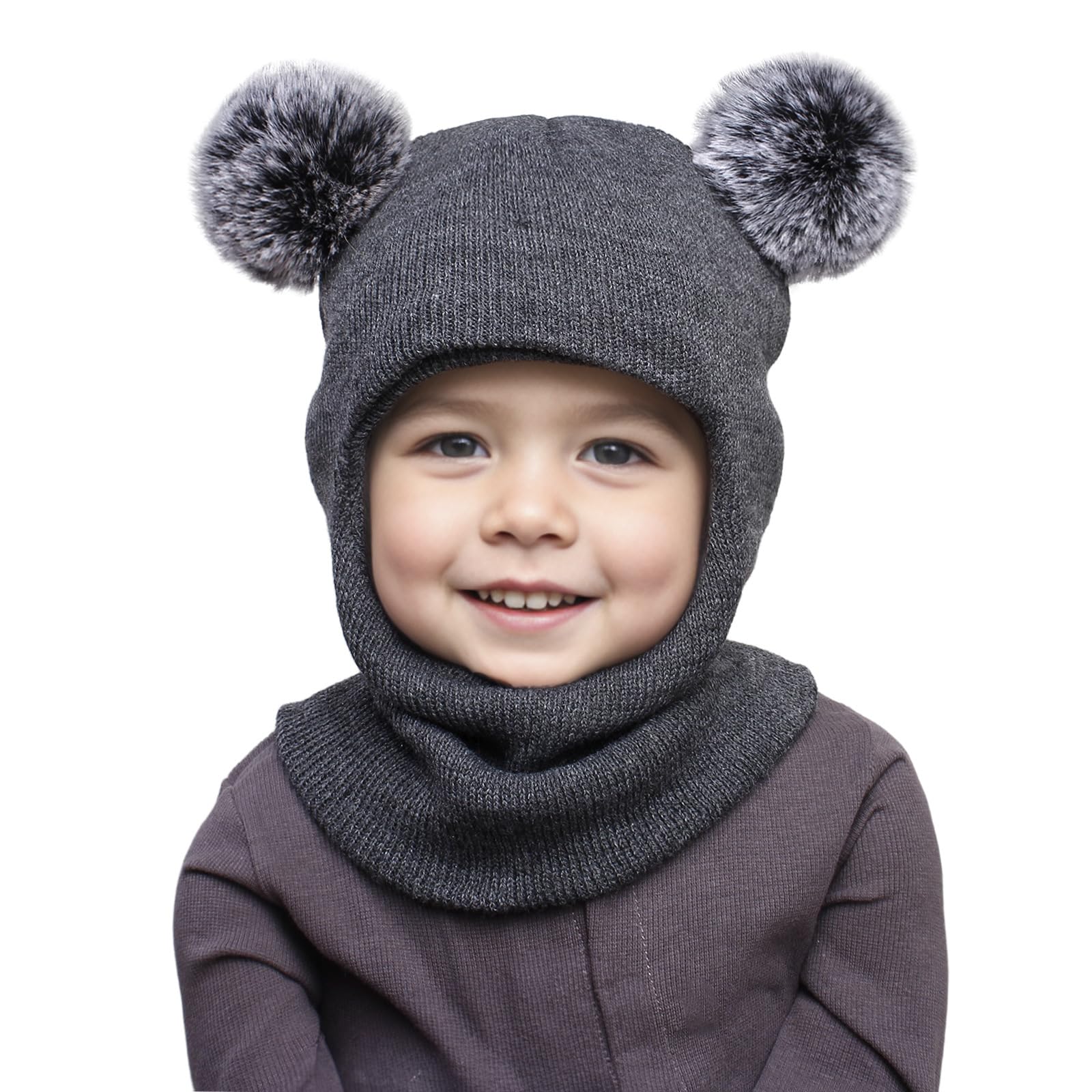 DRESHOW Kids Winter Warm Hat Scarf Baby Earflap Beanies Hood Pom Pom Toddler Hat Windproof Balaclava Kids 1-6 Years