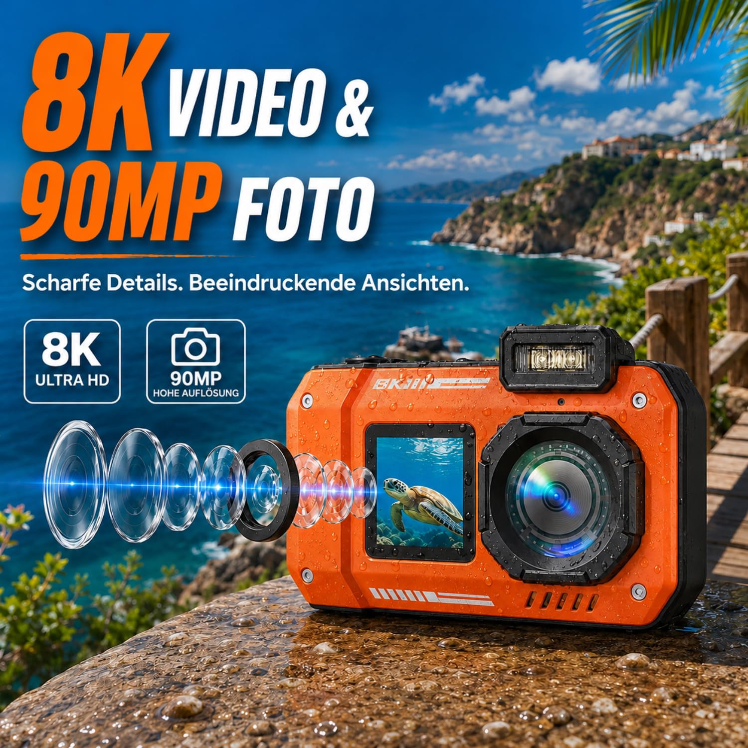 Maxmango D50 8K 90MP Unterwasserkamera, 33FT wasserdichte Digitalkamera,2.8'' Dual-Screen Selfie,Staubdichte, Stoßfeste Digitalkamera mit 2500mAh Batterie & 16GB Karte