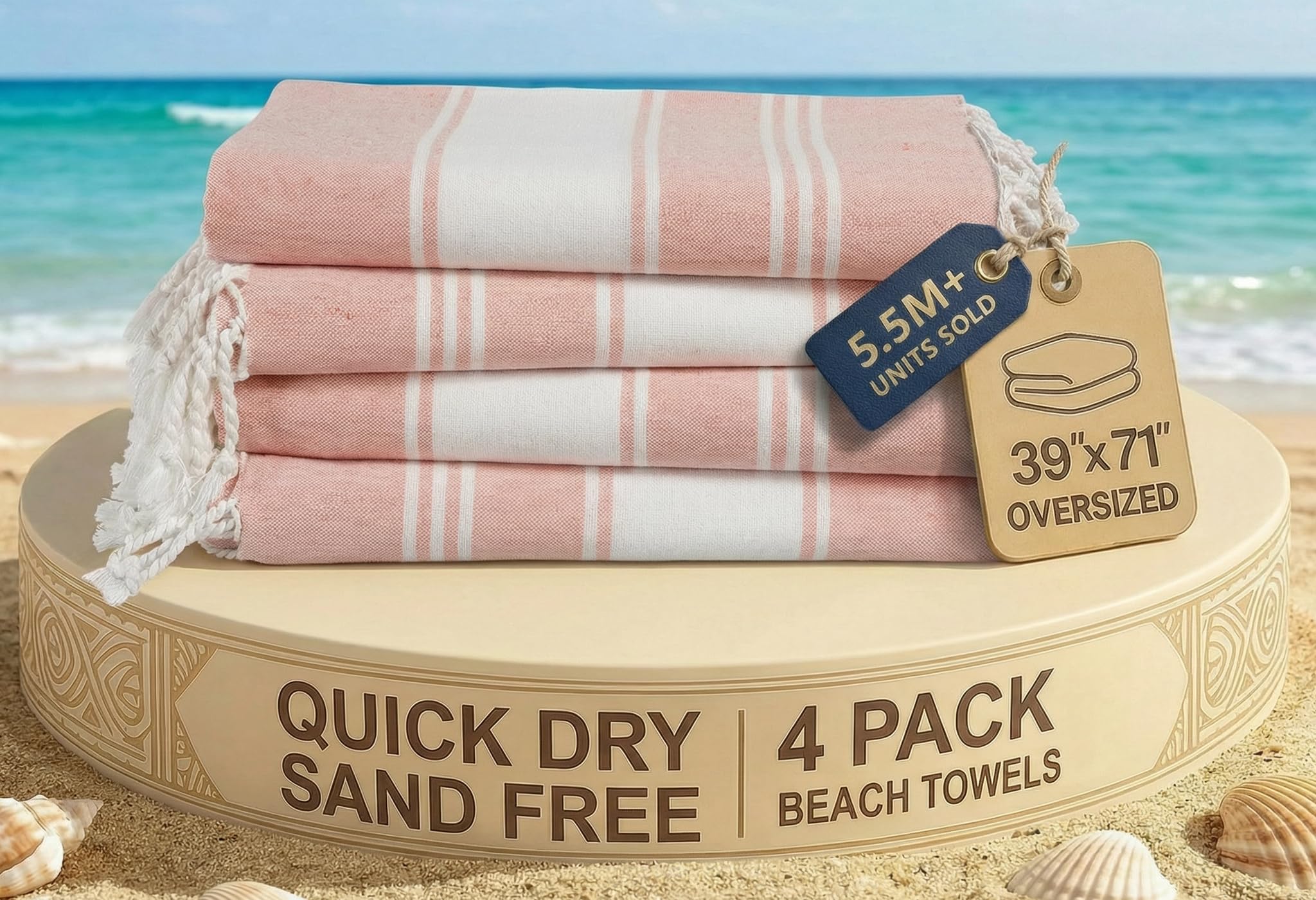 LANE LINEN Oversized Turkish Beach Towels – 4 Pack, 39"x71" Cotton Rich & Quick Dry Pool Towels, Pre-Washed, Sand-Free & Absorbent Travel Towels for Adults, Quartz Pink
