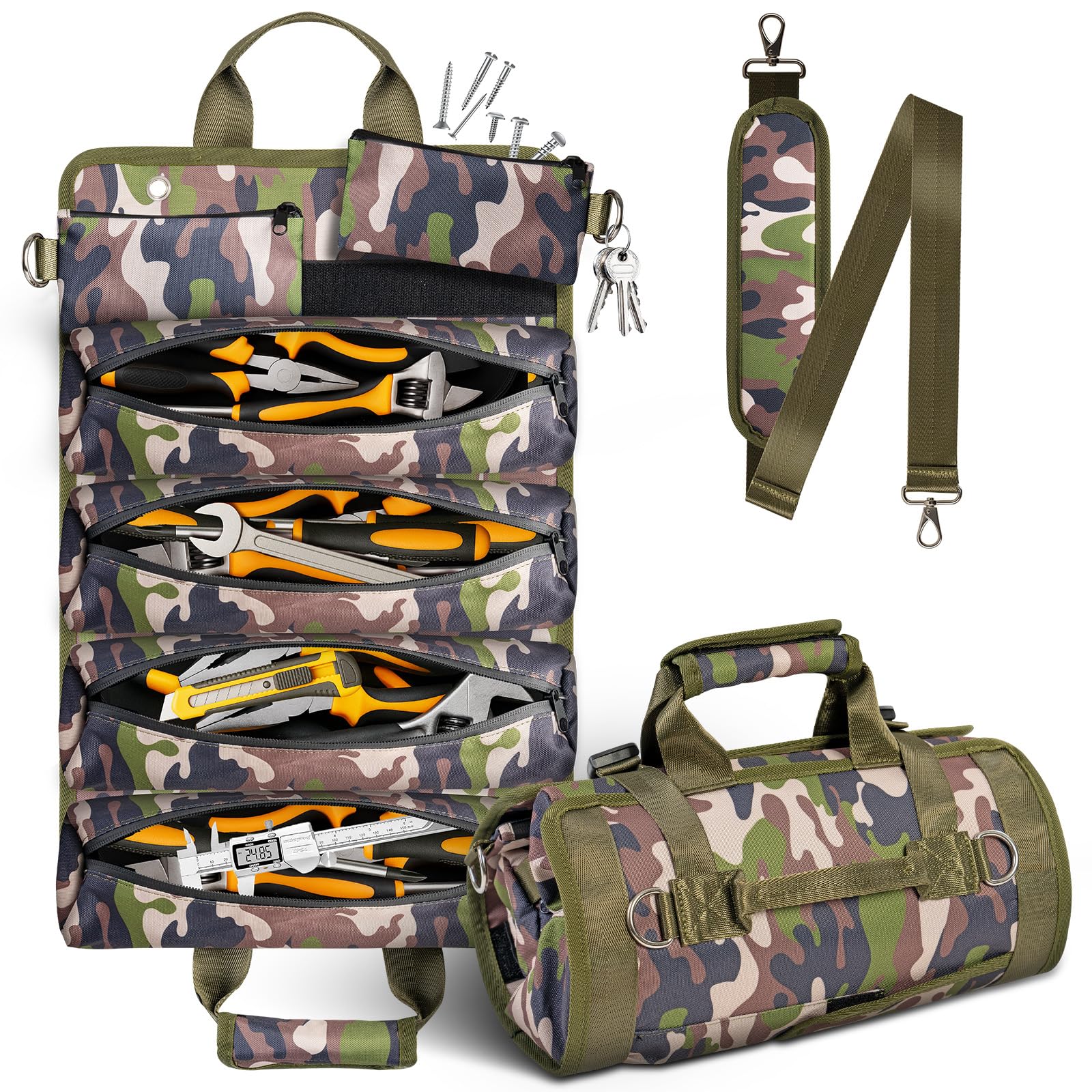 Tool Bag, Heavy Duty Tool Organizer, Portable Tool Pouch for Men with 2 Small Detachable Pouches, Foldable Carrying Tool Storage, Mechanic &