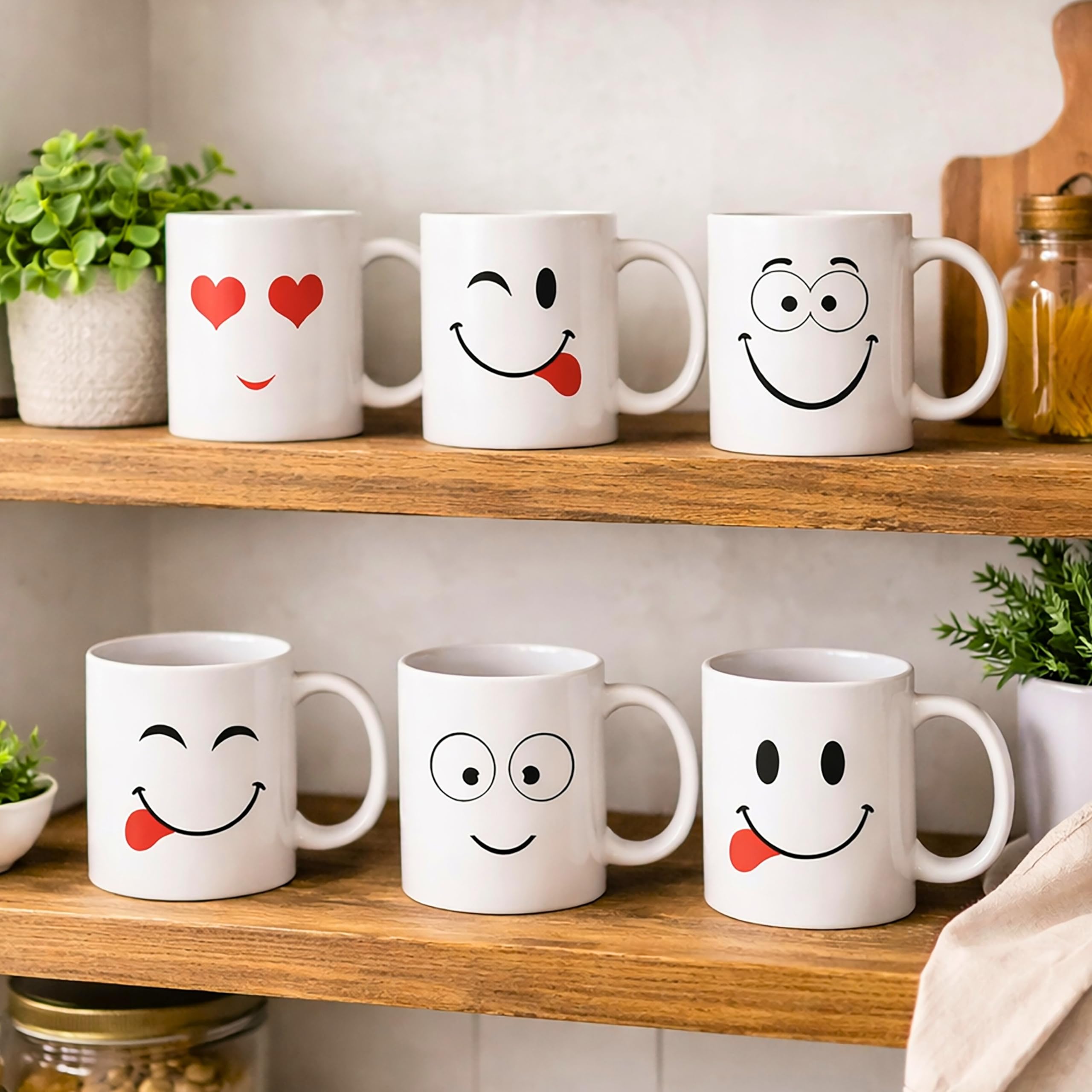 Homezone Funny Face Ceramic Mug Set of 6 White Coffee Cups 11oz