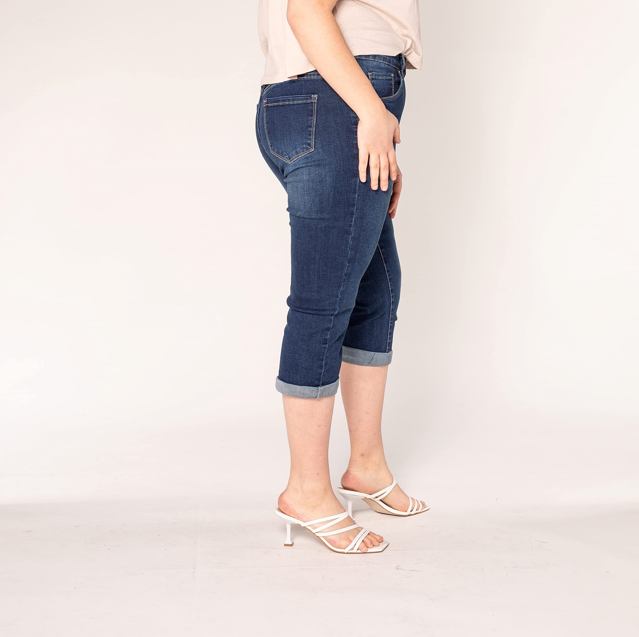 Nina Carter P200 Jean Capri Femme Grande Taille Stretch Taille Haute Jean 3/4 Style Décontracté Usé Pantacourt d'Été Élastique