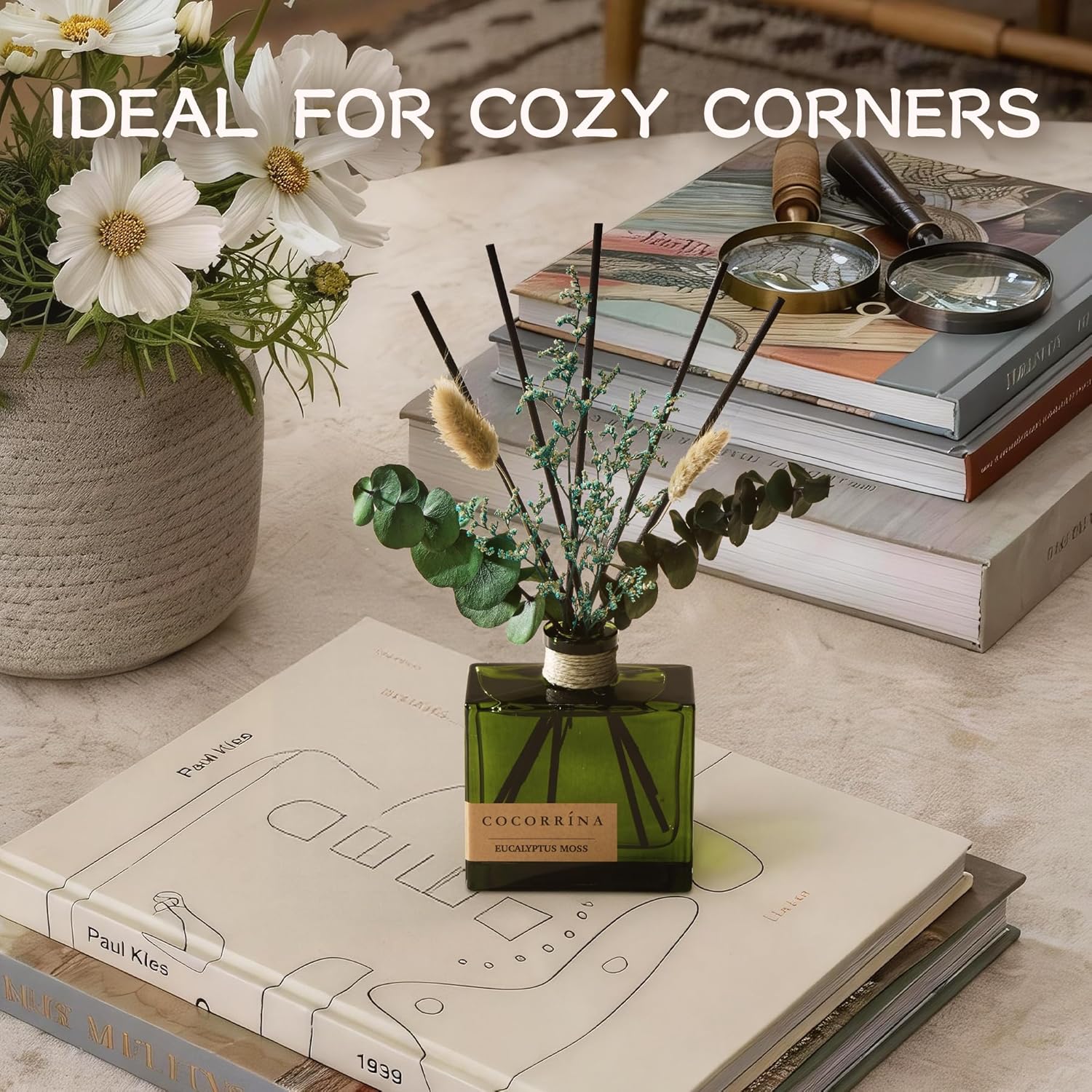 COCORRÍNA Reed Diffuser, 6.76 oz Eucalyptus Moss Scent Reed Diffuser with 6 Sticks & Dried Flowers, Long Lasting Elegant Fragrance Home Décor for Bathroom Bedroom Office