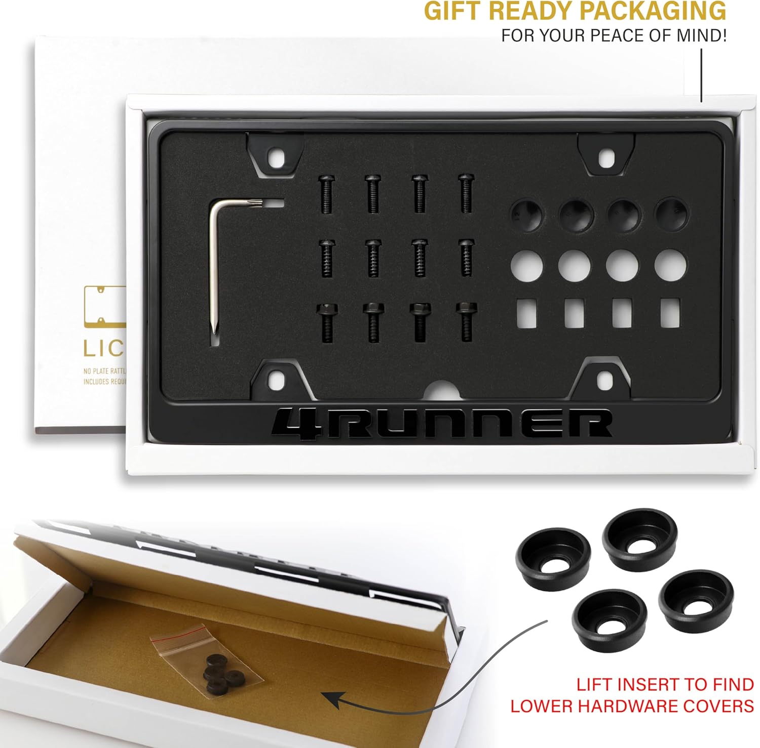 4Runner License Plate Frame – Stealth Black Powder Coat UV Resistant Rust-Proof Steel Plate Holder - One Piece - Compatible with 1984-2025 4 Runner SUV (3D RAISED LETTERS with MOUNTING HARDWARE)