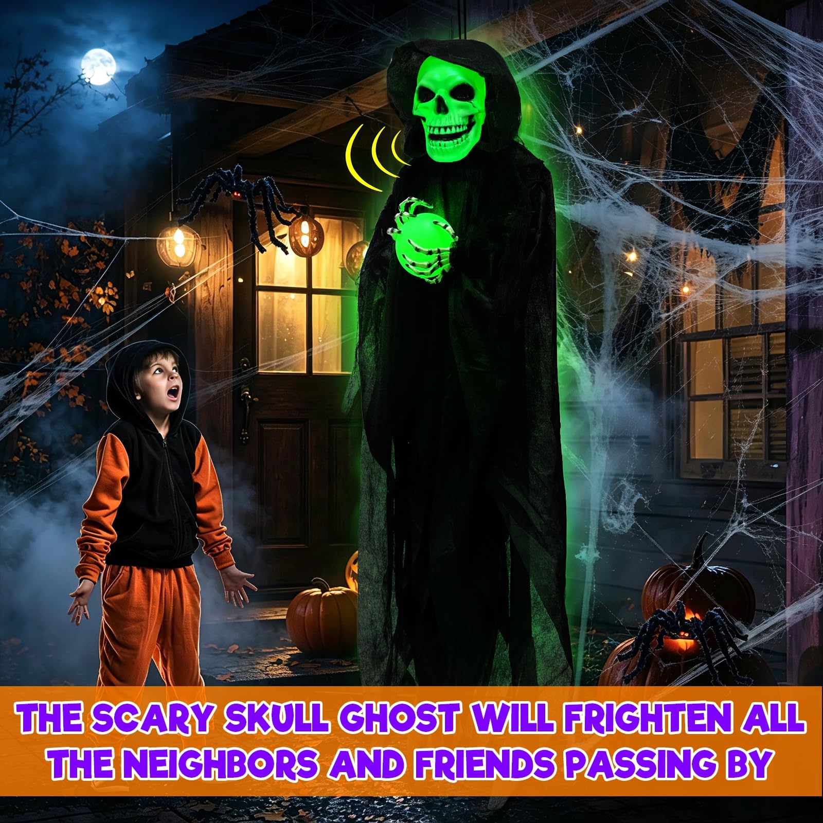 Activado por sonido: decoraciones animatrónicas de Halloween de 65 pulgadas para colgar al aire libre, esqueleto fantasma, sostiene bola de cristal LED, cabeza verde, sonido espeluznante, decoración
