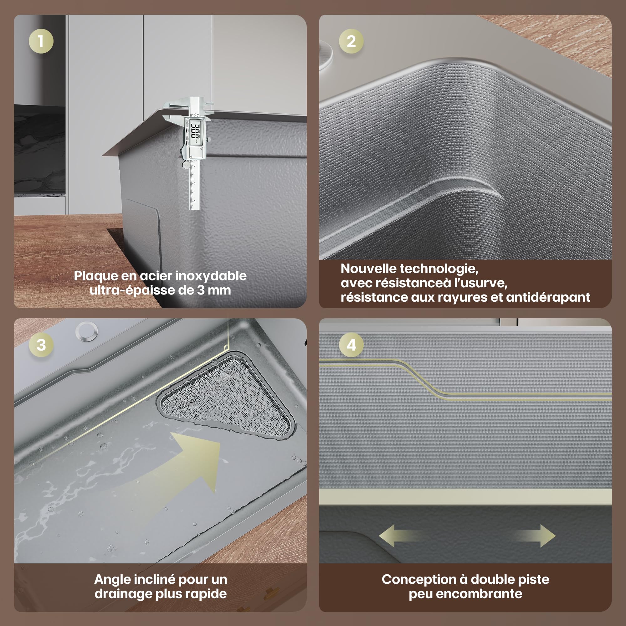 SIRHONA Evier Cuisine en Acier Inoxydable 70x48cm, avec Panier égouttoir, Passoire triangle, Lavabo Cuisine pour Meubles, avec Dernier Siphon et Trop-plein, Argent