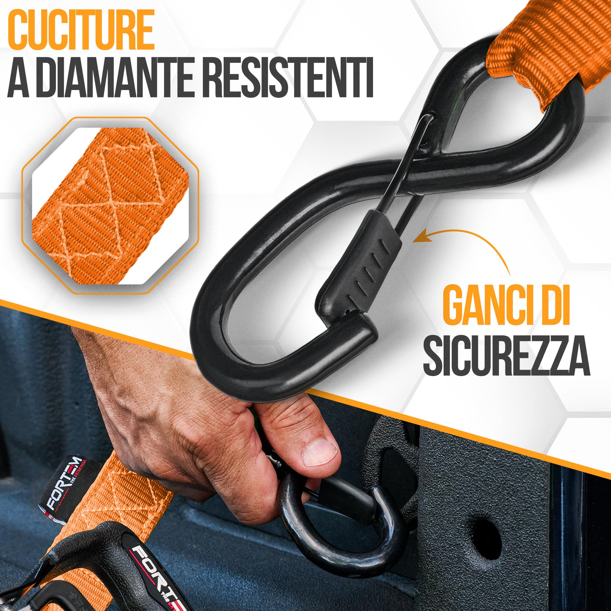FORTEM Cinghie a Cricchetto, Resistenza fino a 2362 Kg, Set da 4 Cinghie di Fissaggio da 3,05 m, 4 Maniglie Morbide, Cinghie Fissaggio per Moto, Ganci in Metallo Rivestiti, Custodia Inclusa (Arancia)