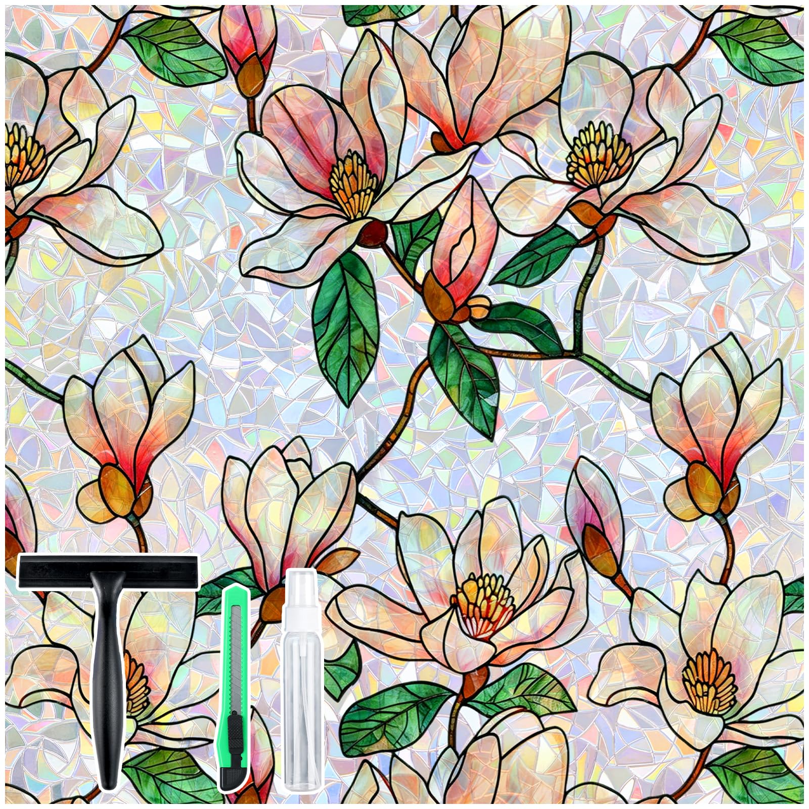 rabbitgoo Window Privacy Film Rainbow, Floral Magnolia, 17.5" x 118.1"