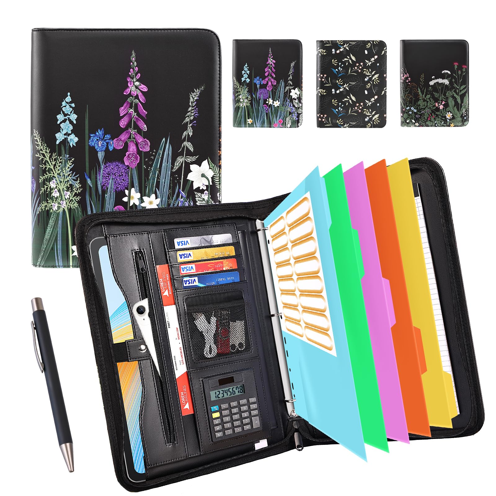 Eshow Portfolio Organizer - 3 Ring Binder with Zipper, Vegan Leather Business Padfolio Folder with Notepad Includes 5 Color Sheet Protectors for Documents Files for Men Women