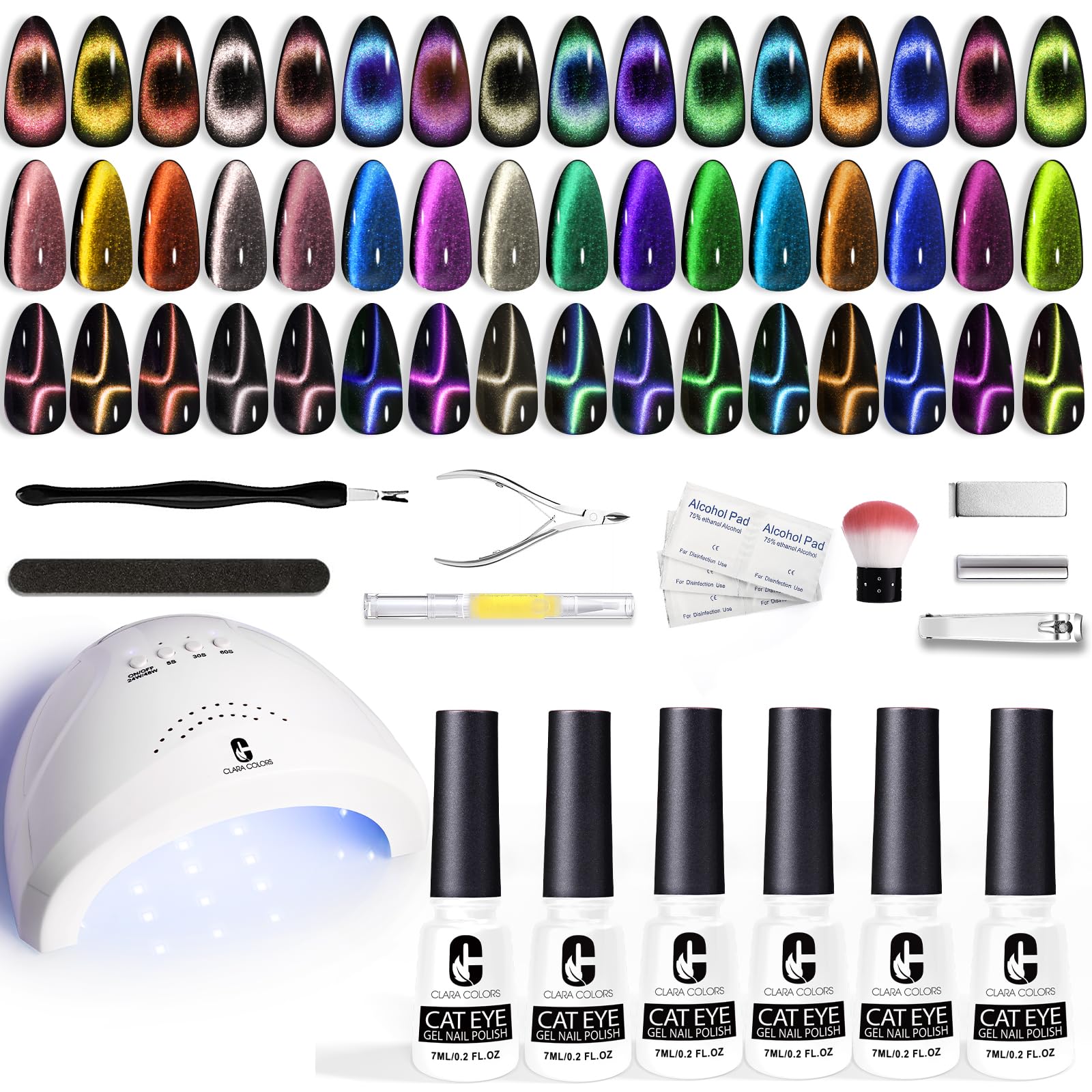 Kit de esmalte de uñas en gel Clara Colors con luz ultravioleta, 21 colores kit de esmalte de uñas en gel holográfico camaleón 9D con efecto ojo de gato y herramientas de capa superior con base