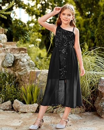 GRACE KARIN Girls Sequin Dress One Sleeve Formal Pageant Prom Party Special Occasion Dresses Size 5-14