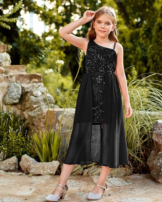 GRACE KARIN Girls Sequin Dress One Sleeve Formal Pageant Prom Party Special Occasion Dresses Size 5-14