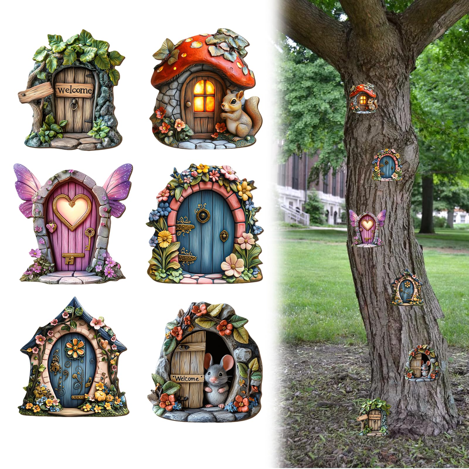 PLUSHCEWT Fairy Door,6 Pcs Fairy Doors for Garden Trees,Miniature Gardens Elf Doors,Wooden Fairy Garden Accessories for Trees,Fairys Gardens Ornaments Indoor Outdoor Decor for Potted Decoration