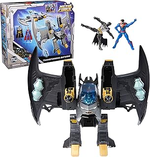 DC Comics, Metal Force Transforming Batwing, 2-in-1 Playset, Includes Batman and Superman Figures, with Projectiles and Character Cards, Kids Toy for Boys Ages 4 and Up