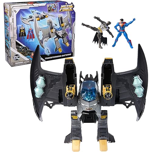 DC Comics, Metal Force Transforming Batwing, 2-in-1 Playset, Includes Batman and Superman Figures, with Projectiles and Character Cards, Kids Toy for Boys Ages 4 and Up