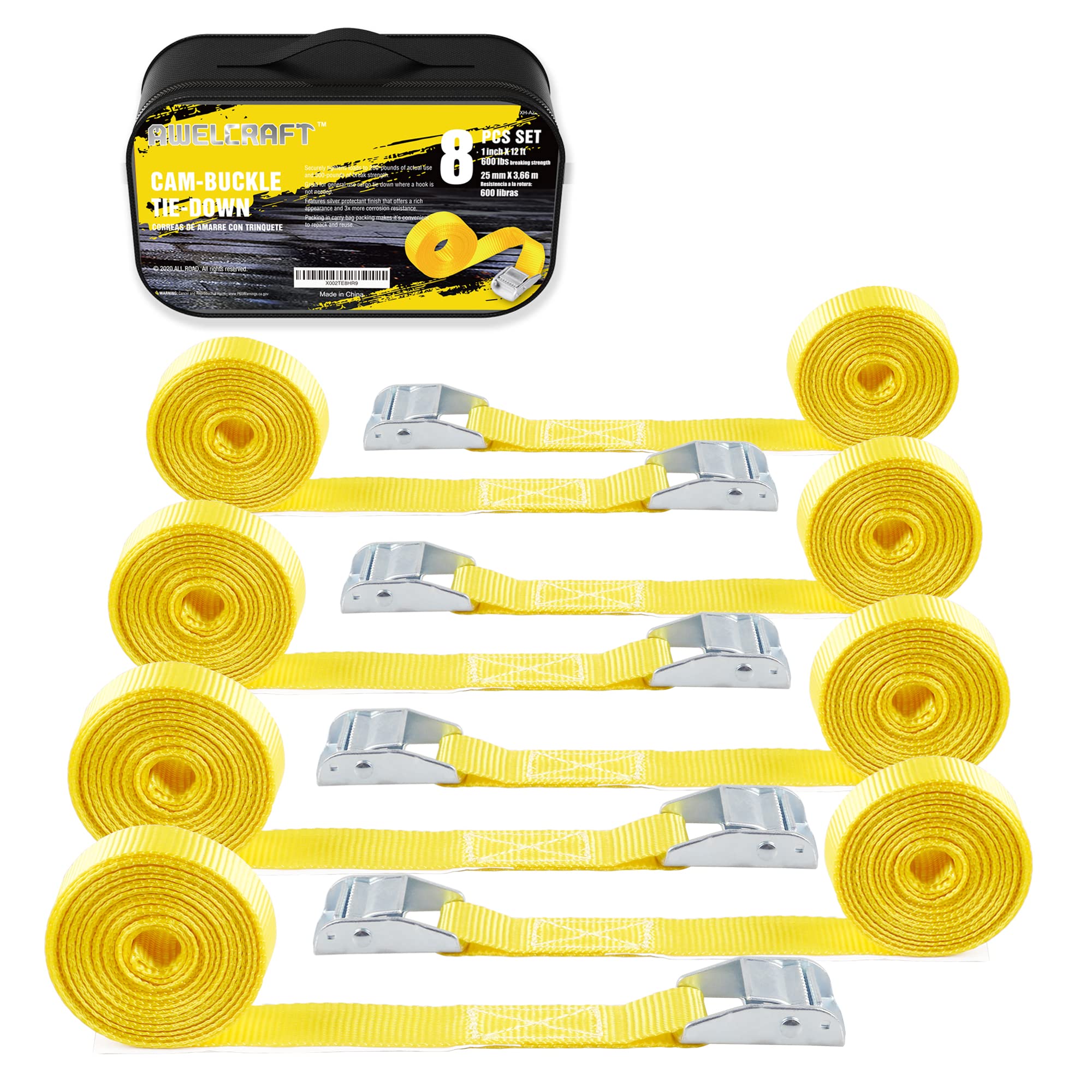 Lashing Tie Down Strap 8PK 1" x 12FT Cam Buckle Tie Down up to 600lbs, Yellow Color with Carry Bag