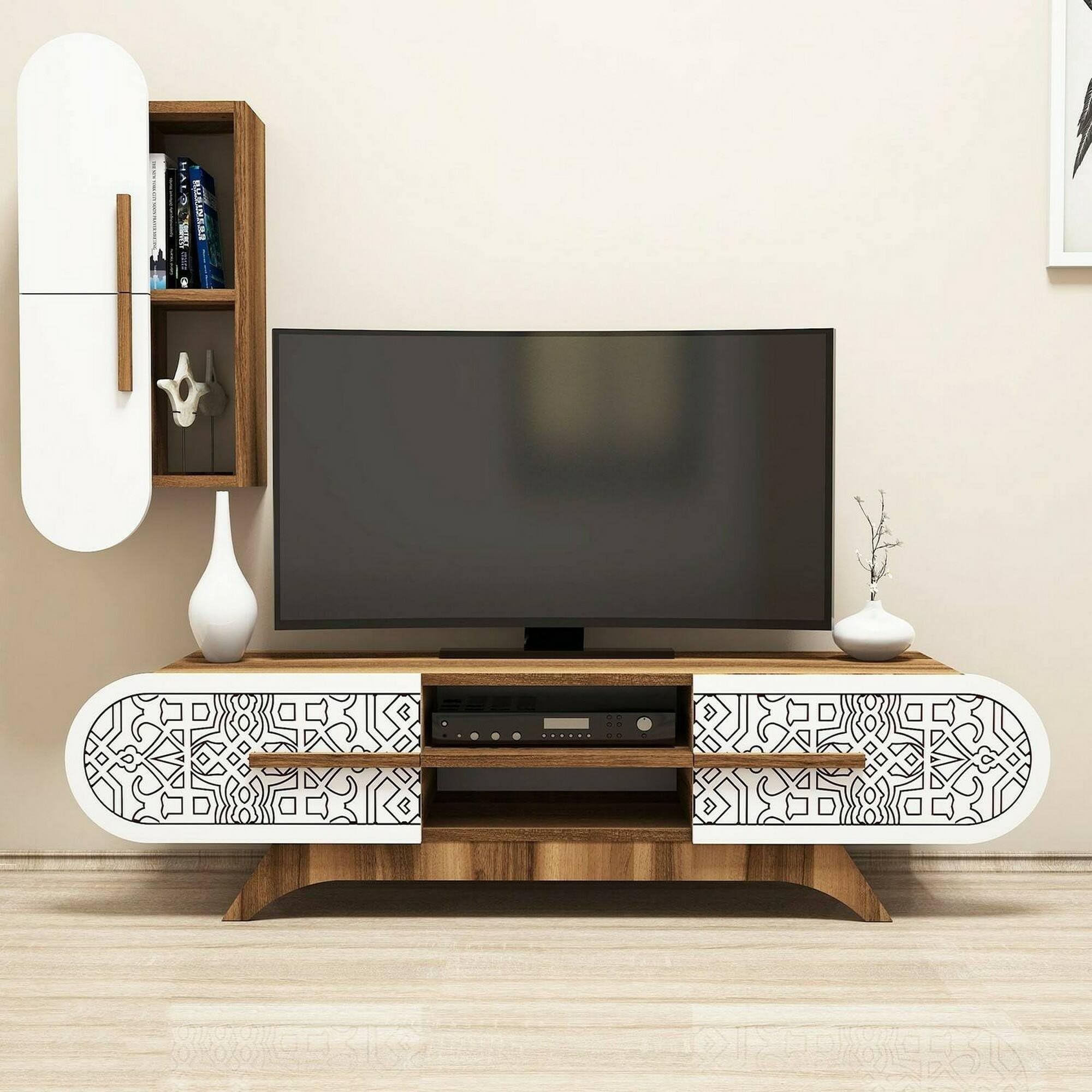 Dmora - Parete attrezzata Nemb, Composizione soggiorno, Mobile salotto multiuso, Armadio porta TV, 145x35h37 cm, Noce e Bianco