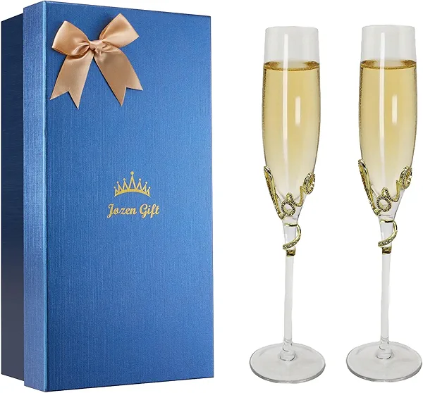 Jozen Gift Gold Champagne Flutes - Set of 2 Hand Blown Champagne Glasses wtih Metal Accent- Gifts for Birthday,Wedding, Mother’s Day - 6 oz (Chic, Gold)