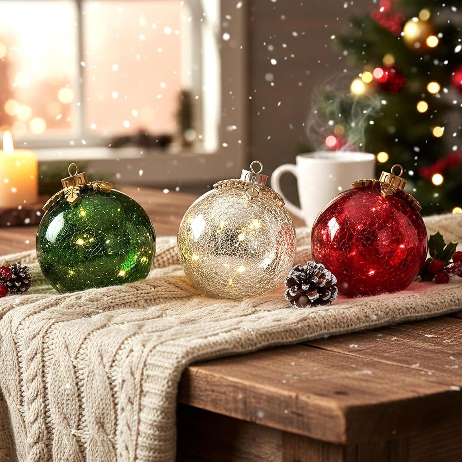Ornements de Noël en verre craquelé à offrir en cadeau de fin d'année avec veilleuse LED