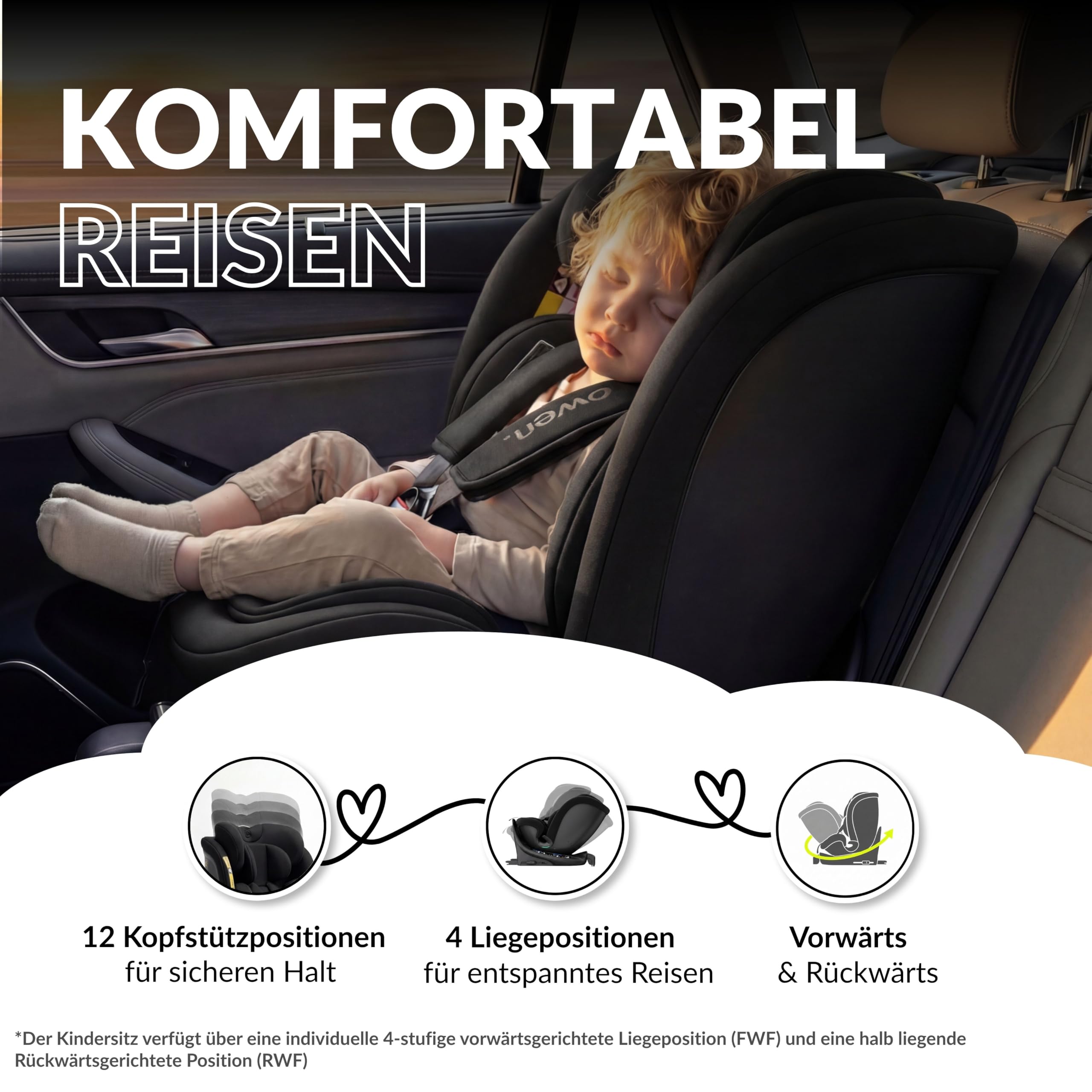 OWEN 360Comfy Kindersitz 360° drehbar Isofix Reboarder 0-36 kg – Schwarz | ECE R129 i-Size geprüft (40-150 cm, 0-12 J.) – Seitenaufprallschutz, Sonnenverdeck, 360° drehbar & rückwärtsgerichtet