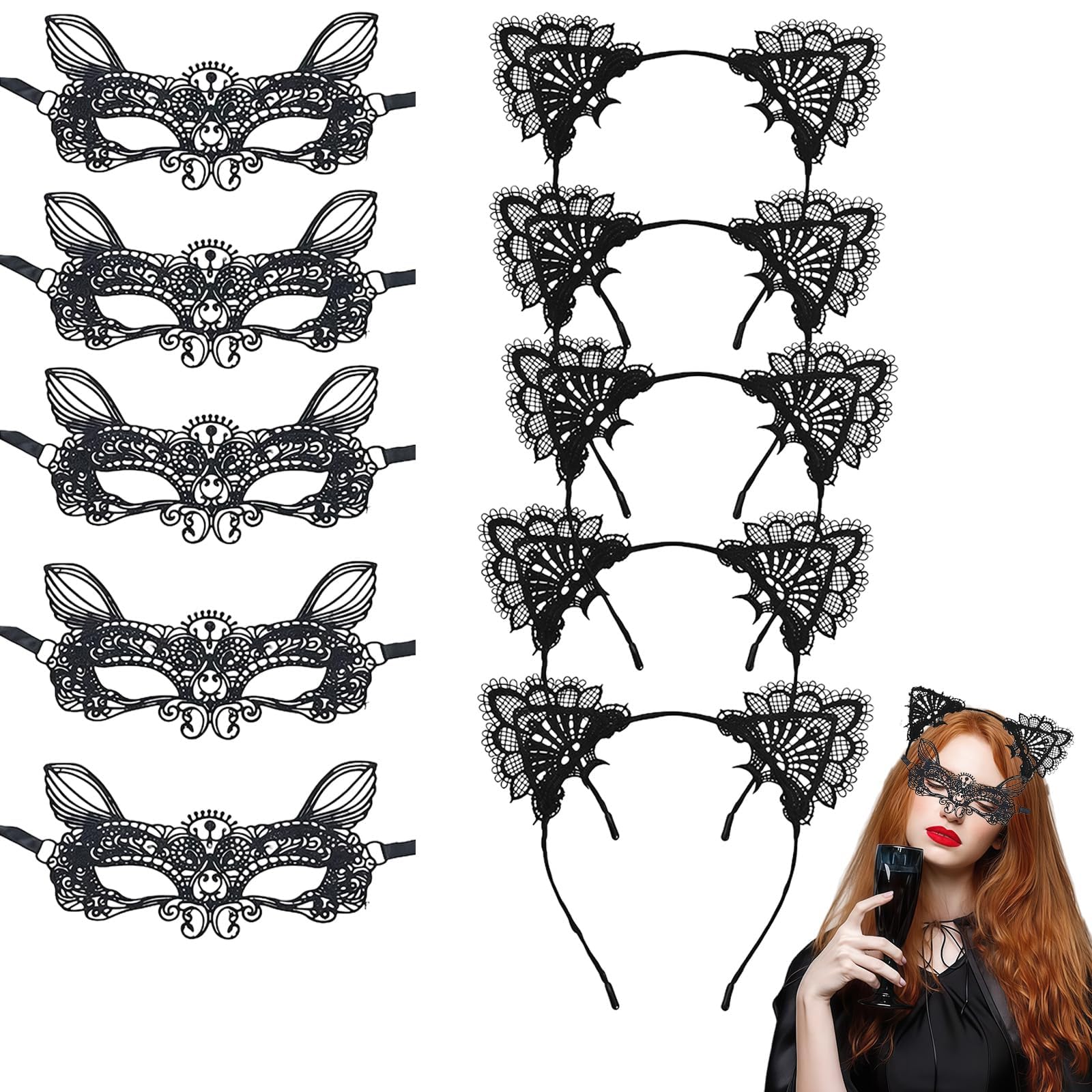 aieieii 10 PCS Halloween Headband Black Masquerade Mask For Women Black Cat Ears Headband Halloween Cat Accessories HalloweeN Headbands For Women HalloWeen Hair Accessories