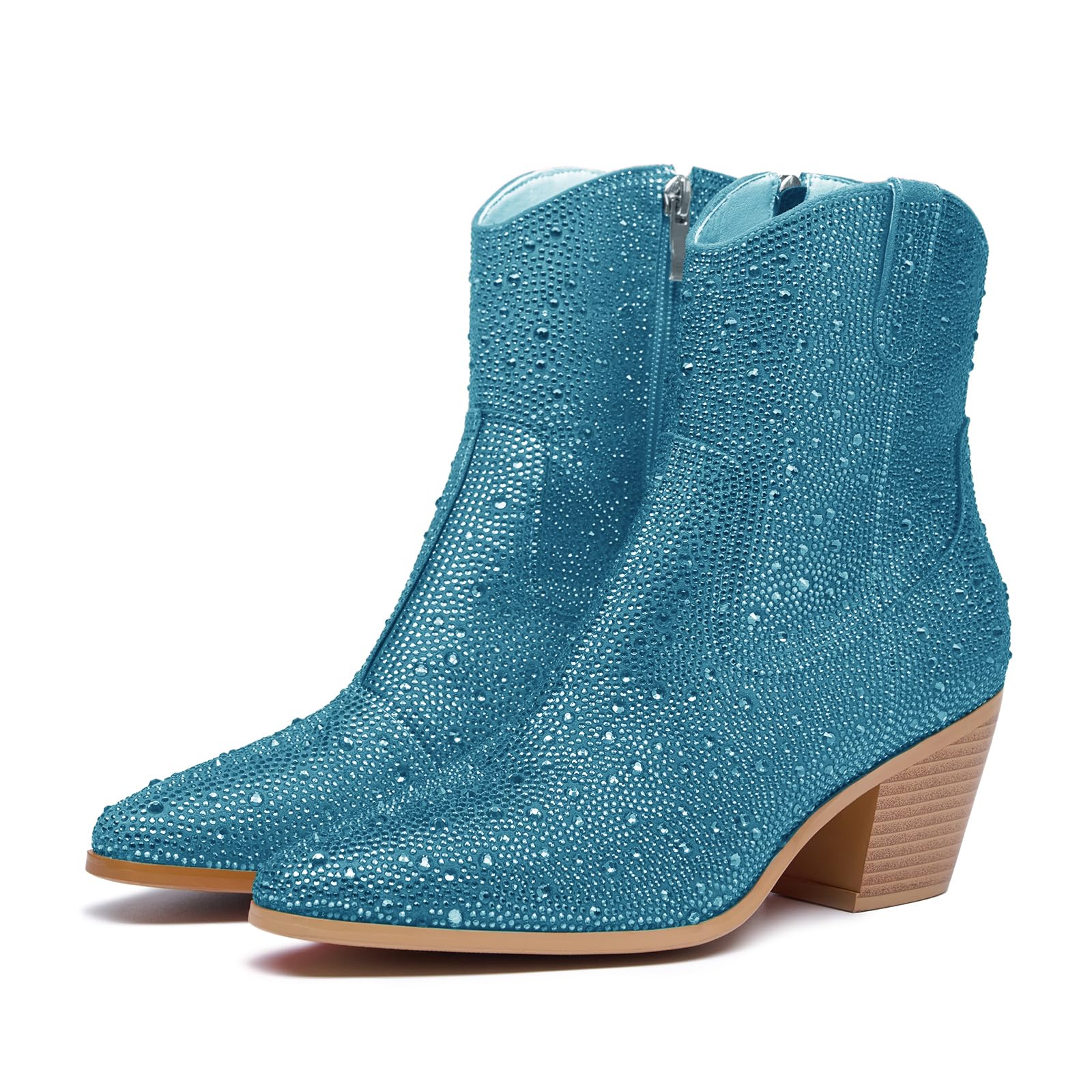 Womens Sparky Rhinestone Cowboy Ankle Boots Western Pointed Toe Zipper Stack Chunky Heel Dress Party Side Zipper Short