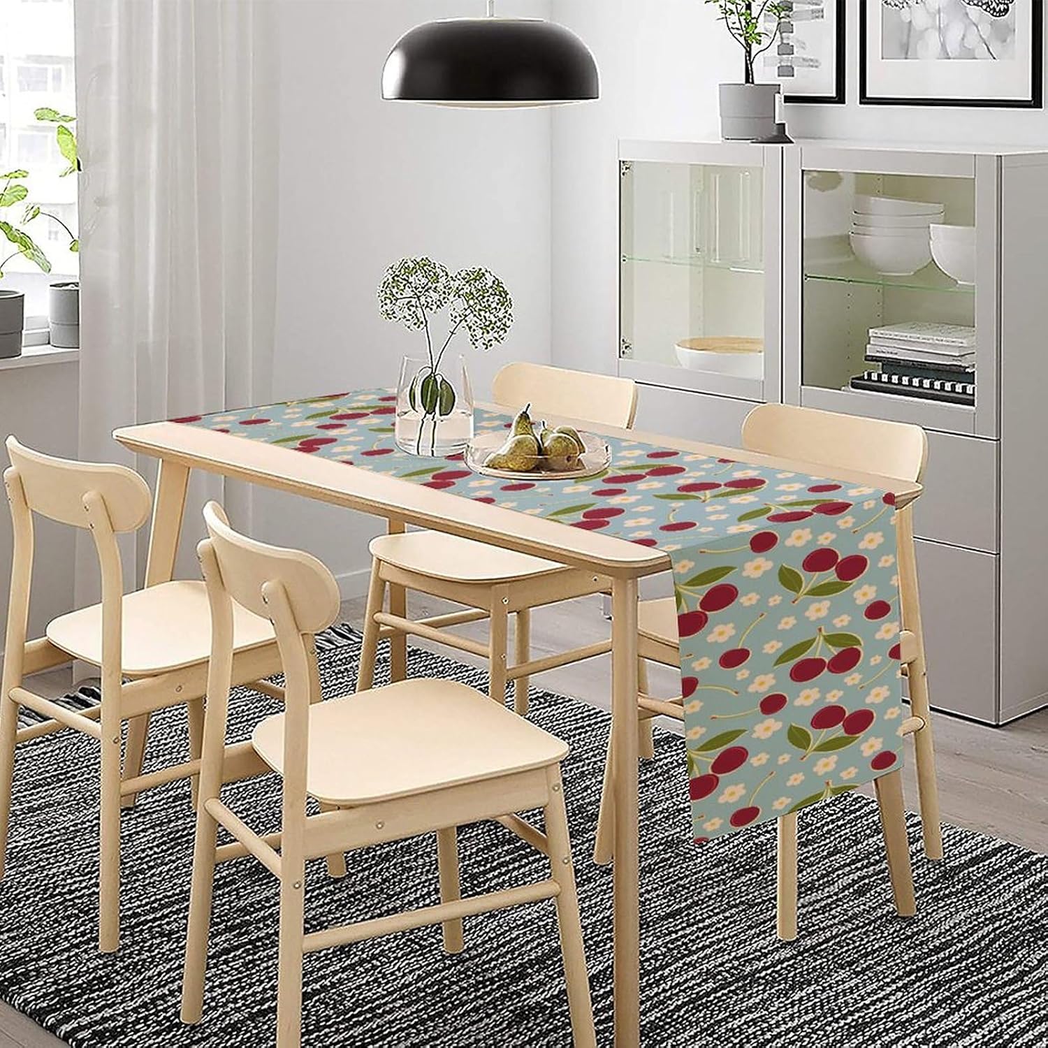 Red Cherry Table Runner,for Kids Boys Girls Cute Cherry Fruit Leaves Pattern Table Runner for Coffee Table Dining Room Table Bedroom Party Holiday Decor 13x108