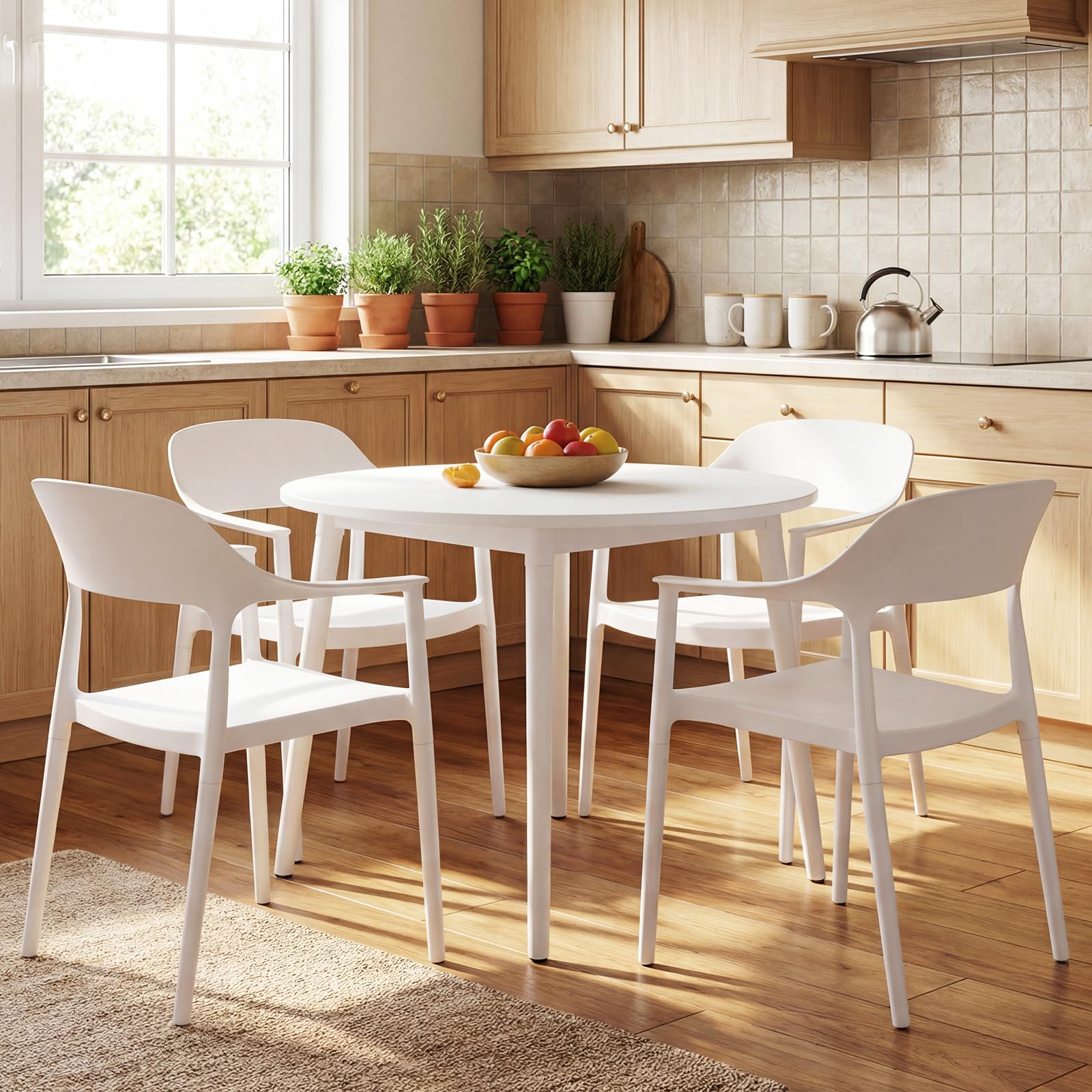 COSTWAY Silla de Cocina Pack 4 de Plástico Reciclado, Sillas de Comedor Apilables con Respaldo Curvado, Apoyabrazos y Asiento Amplio, Sillas Terraza para Exterior e Interior, Salón, Jardín (Blanco,4)