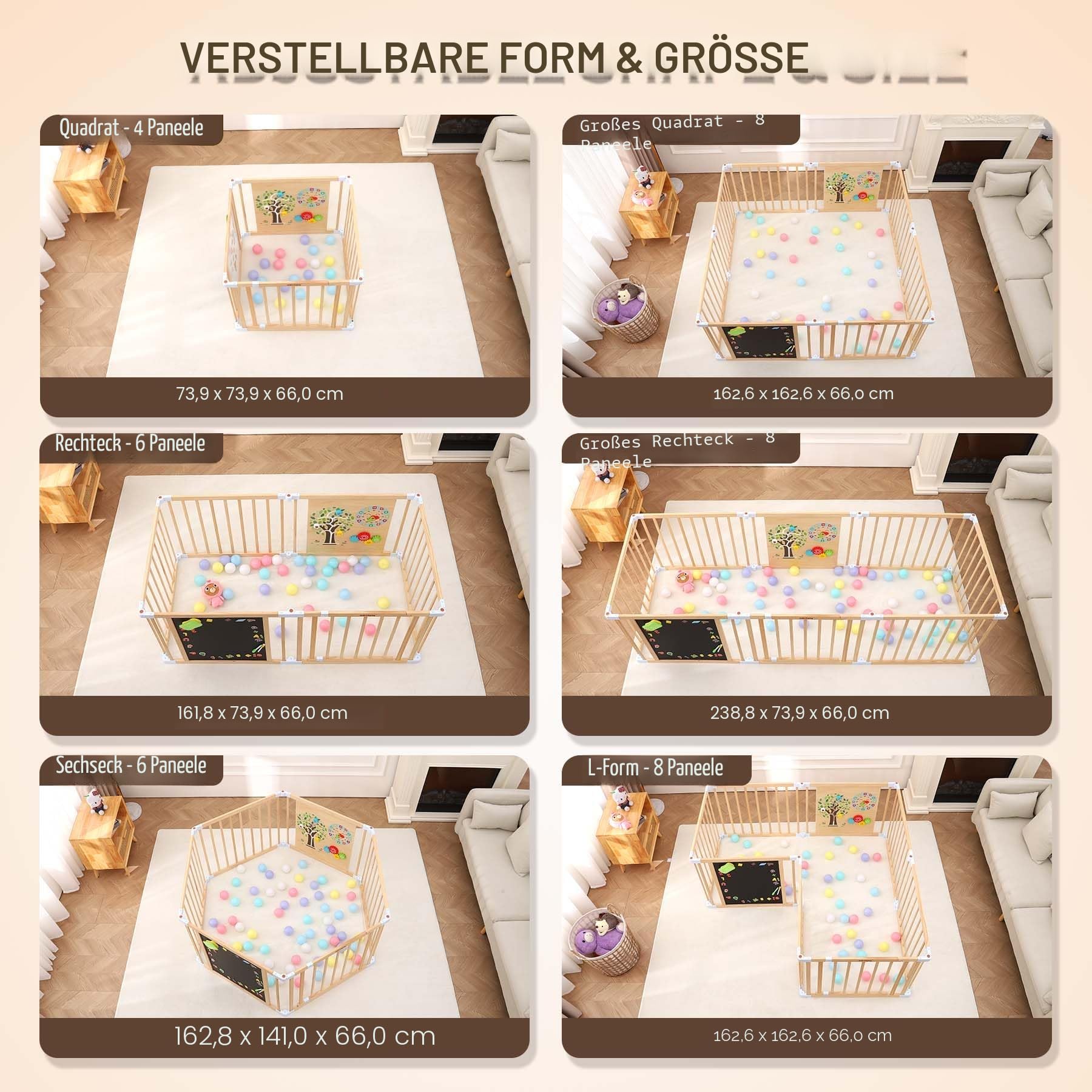 All-in-One Baby Laufstall aus Holz mit Tür – 8 Paneele (163 x 163 x 66 cm), faltbarer & erweiterbarer Laufgitter Baby, höhenverstellbarer Playpen mit Tafel & Montessori Board | baby zaun