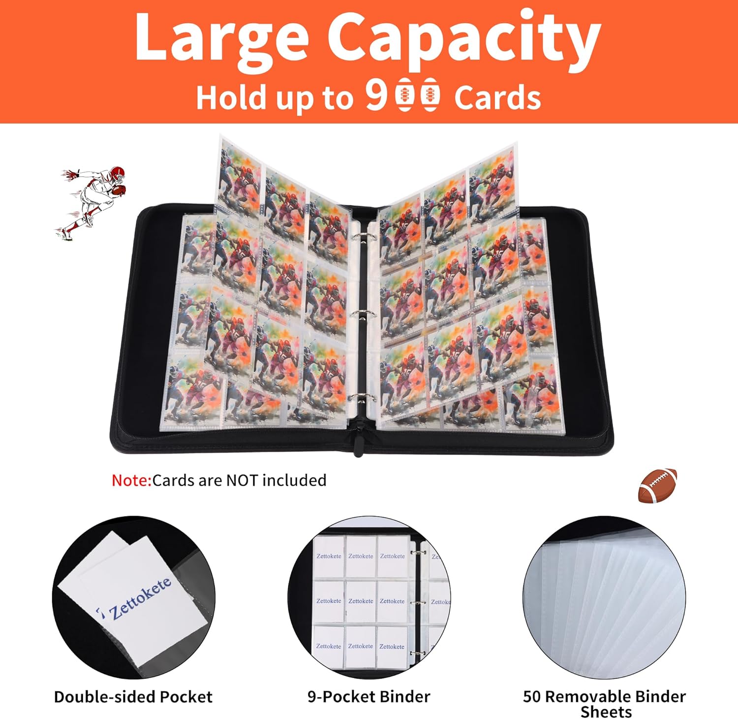 Football Card Binder 9 Pocket - Holds Up to 900 Cards, Zippered Binder with Carry Handle for Football Cards Collectors