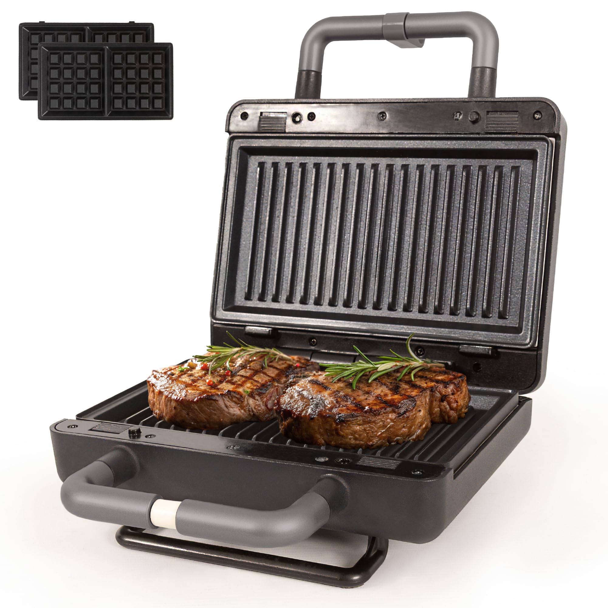 Gadgy 2w1 Gofrownica i Opiekacz do Kanapek 600W – Zdejmowane Płyty Non-Stick – Termostat z LED – Cool-Touch Uchwyt – Pionowe Przechowywanie – Retro Design Matowy Czarny/Srebrny | Wymienne Nieprzywierające Płyty do Grillowania i Gofrów z Termostatem Uchwyt