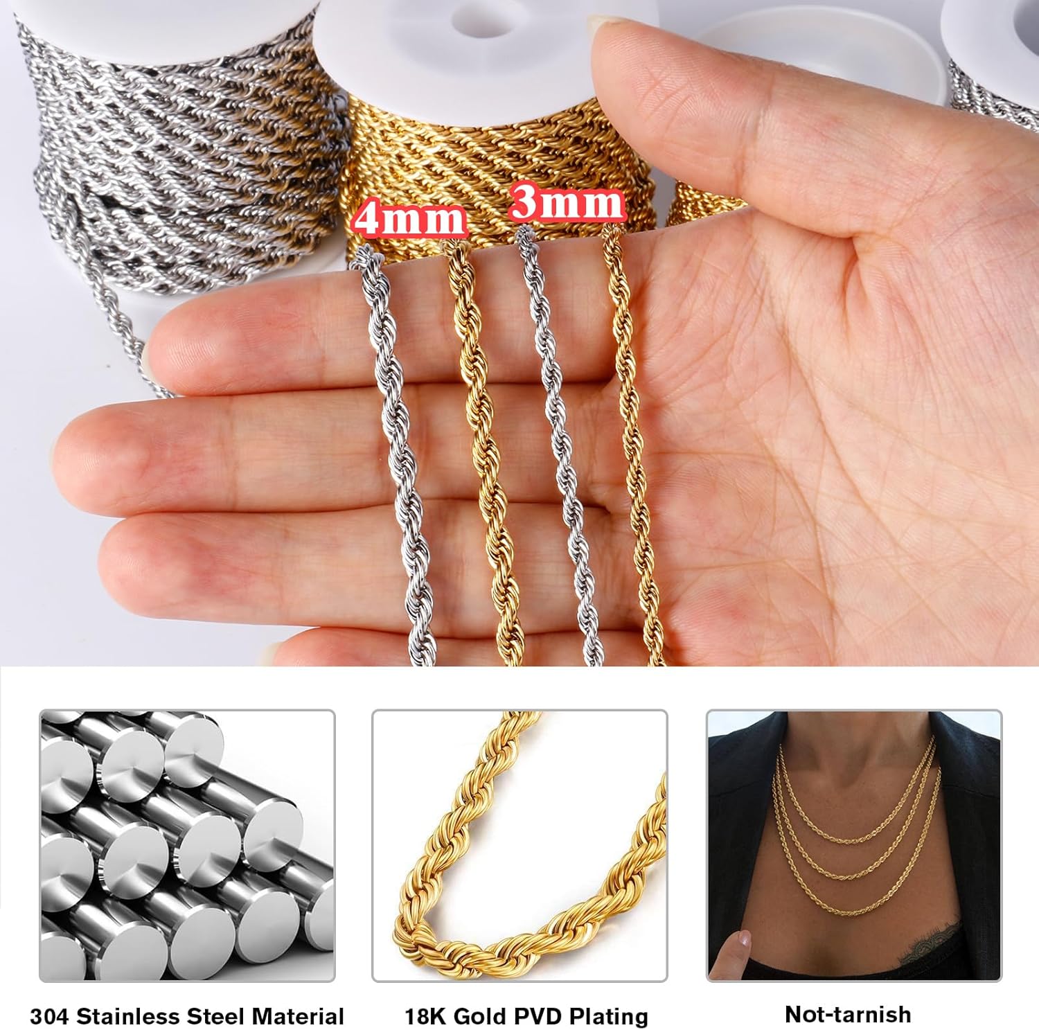 Cadikez 16.5 Feet 18K Gold PVD Plated Stainless Steel Rope Chain, 4mm Width 304 Stainless Steel Rope Chains Roll Bulk for Jewelry Making - Image 2