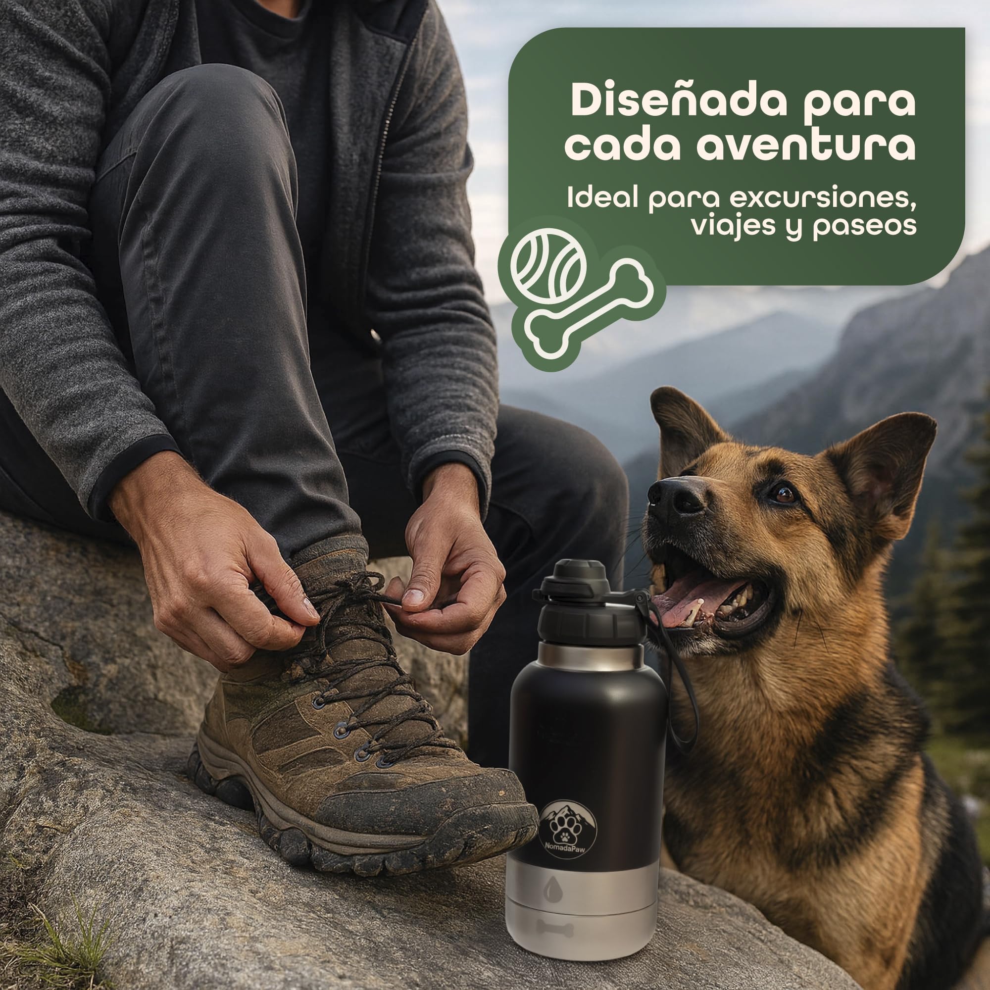 Botella de Agua para Perros 1L de Acero Inoxidable – Bebedero Portátil Térmico con Comedero y 2 Tapas – Incluye Funda Neopreno, Dispensador de Bolsas y Cepillo – Accesorio de Viaje 4 en 1| NomadaPaw